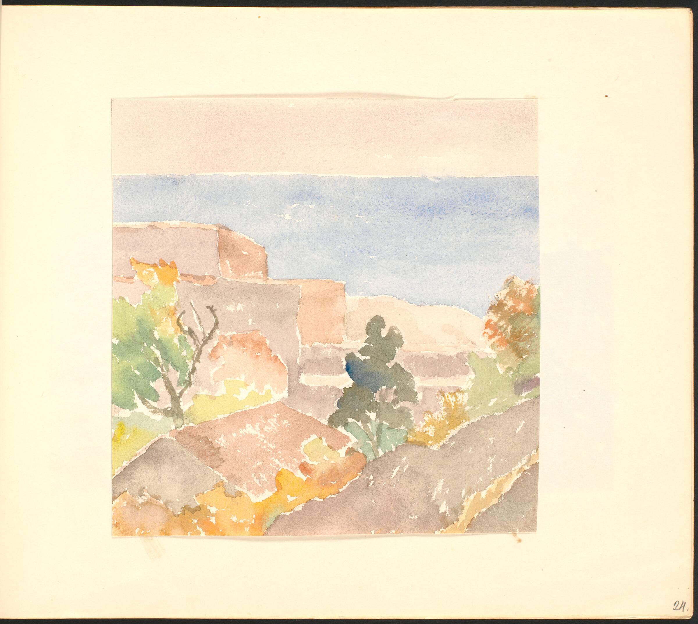 Bastion ved havet, i forgrunden et hustag og bevoksning, Johannes Frederiksen, 1944
