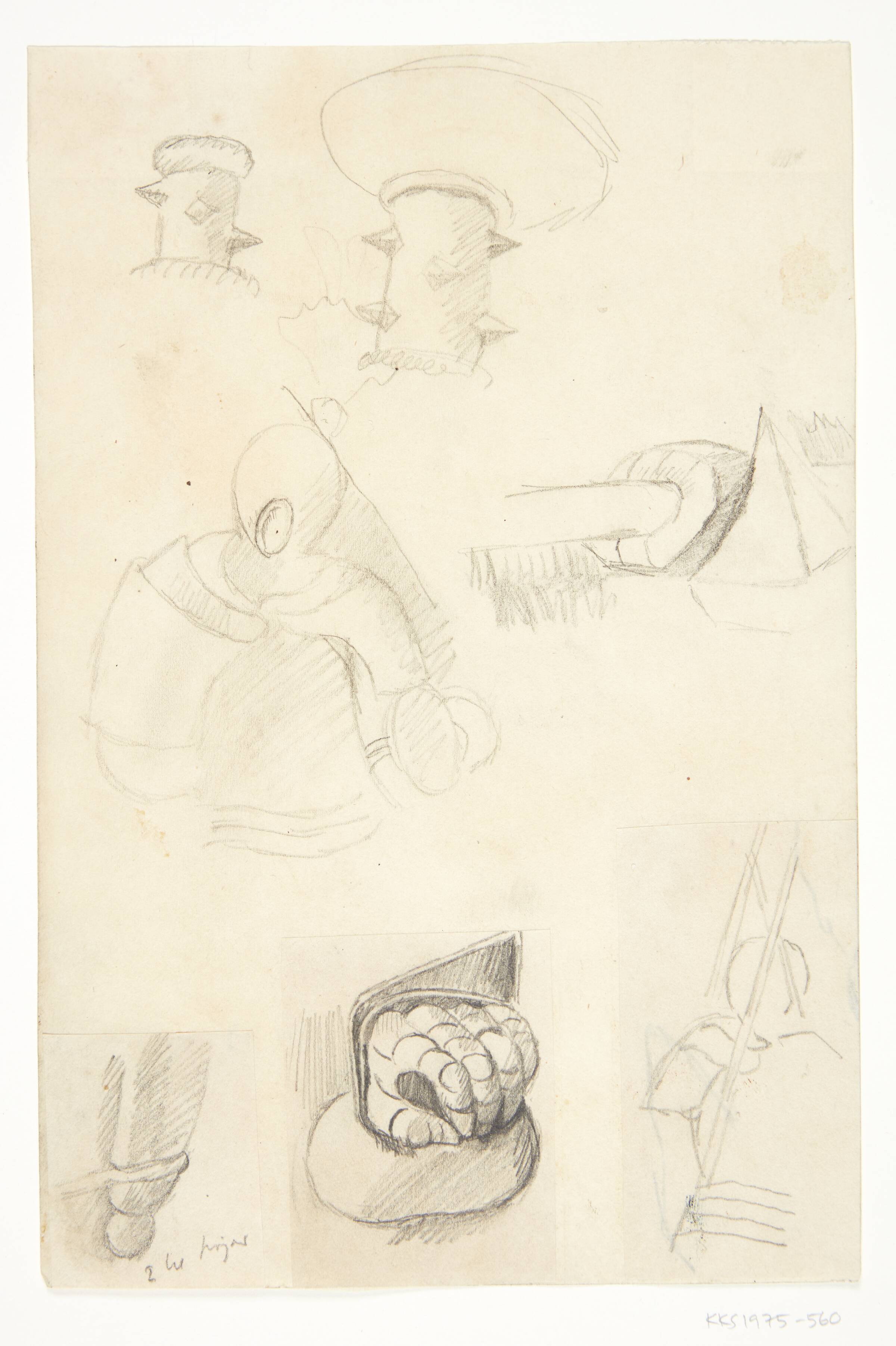 Rustningsklædte jernhandsker. Dele af køller. Kompositionsskitse til P. Uccellos "La Battaglia", William Scharff, 1901-1959