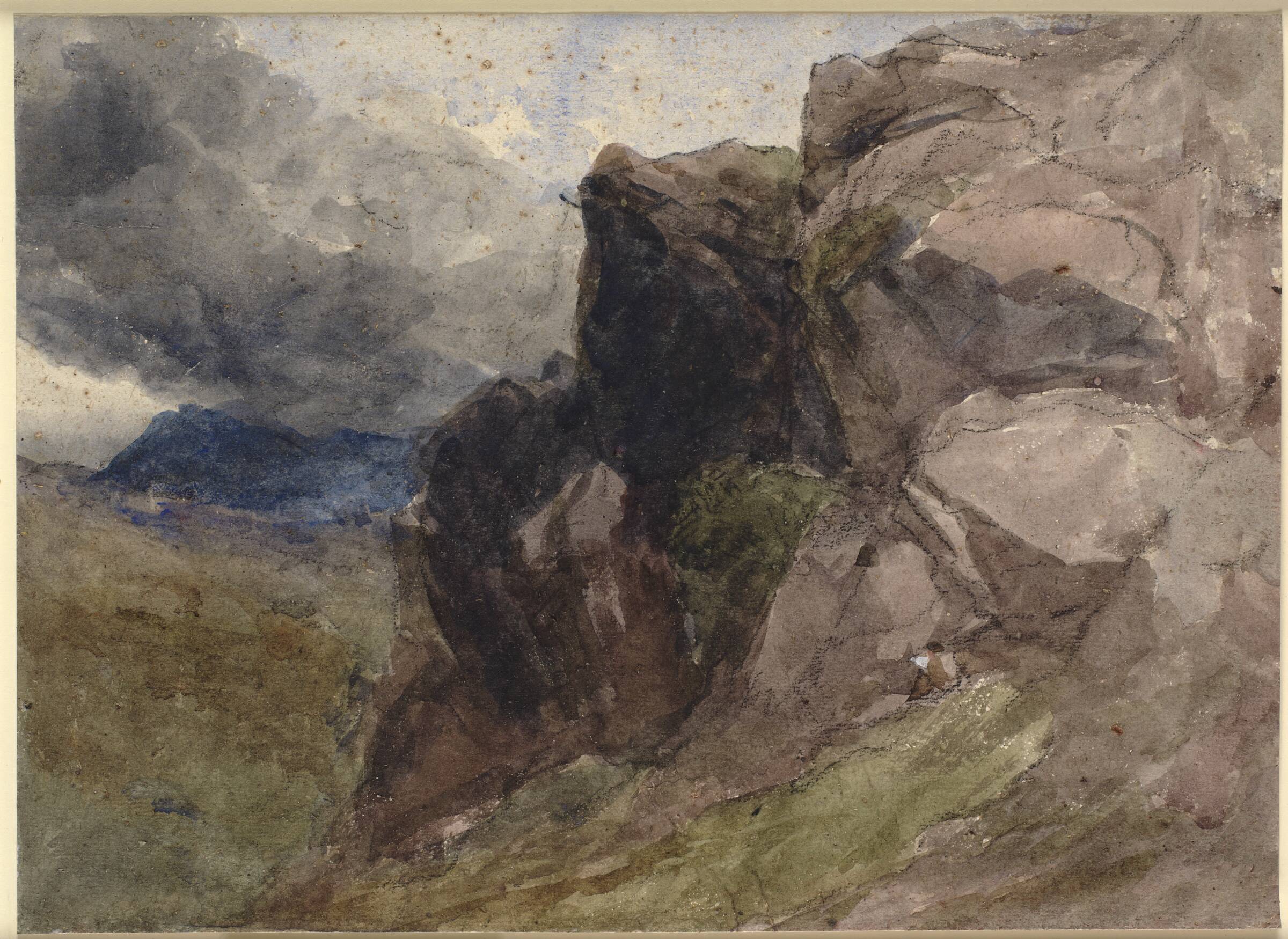 Klippelandskab i Wales, i forgrunden til højre ses en siddende figur, David Cox, 1836-1859