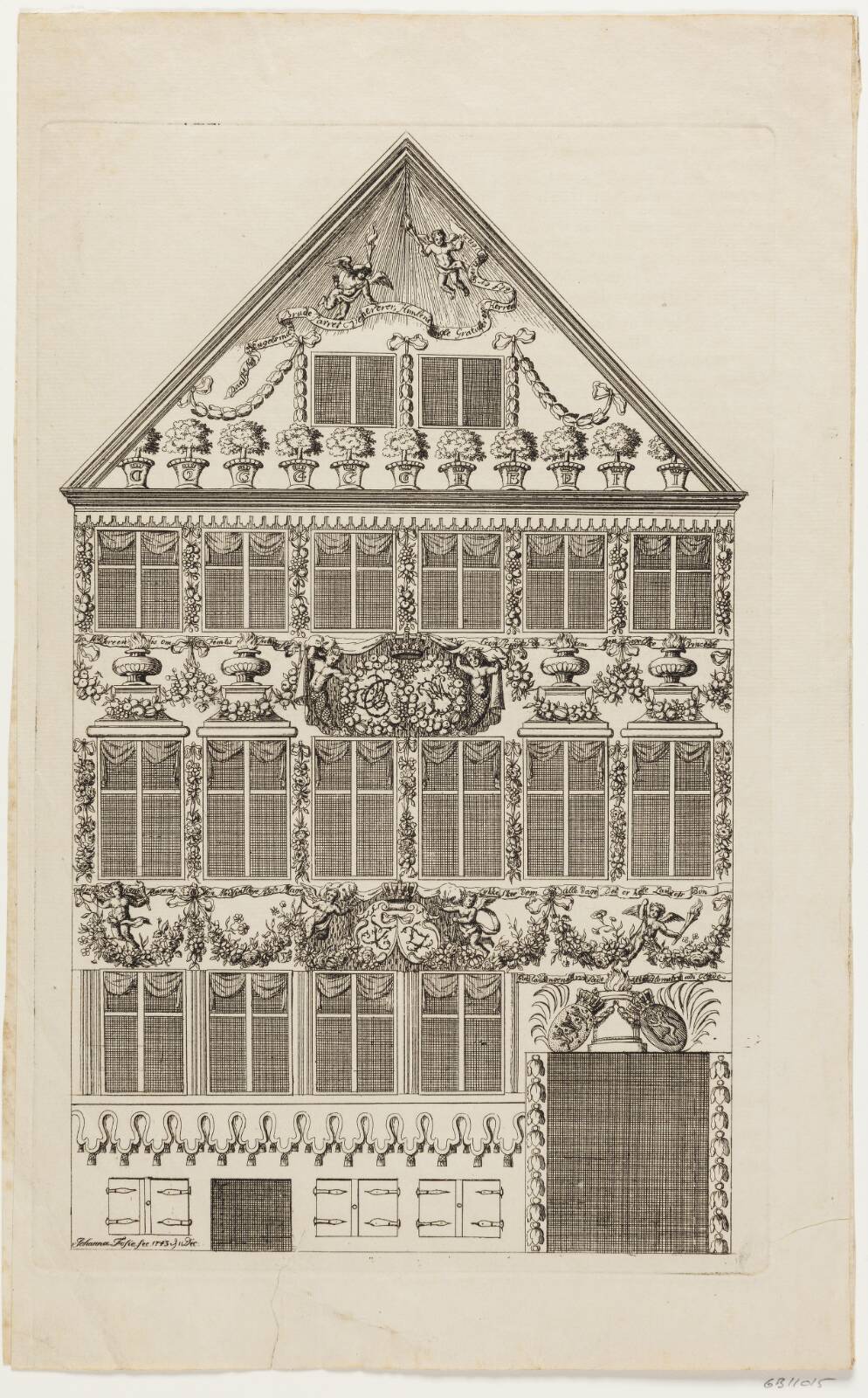 The house of Jacob Fosie at Østergade, with decorations celebrating the entry of Crown Princess Louise in Copenhagen 1743, by Johanna Fosie, 1743