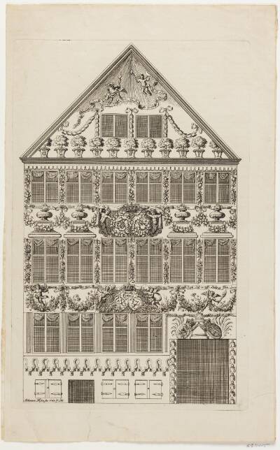 Jacob Fosies hus på Østergade med festdekoration i anledning af kronprinsesse Louises festindtog 1743. Opslag med trykt forklaring