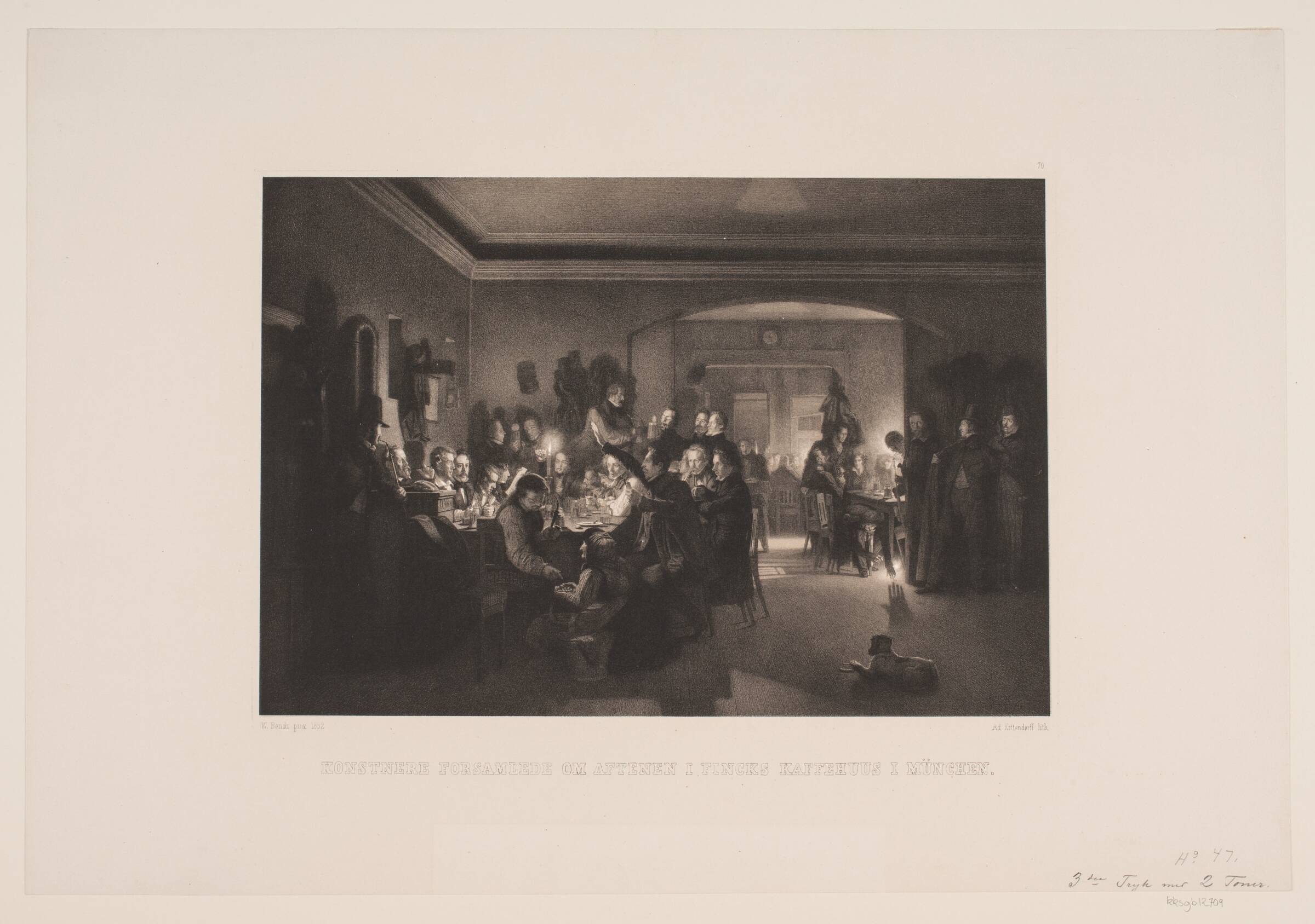 Kunstnere forsamlede om aftenen i Finchs kaffehus i München, Adolph Kittendorff, 1832-1901