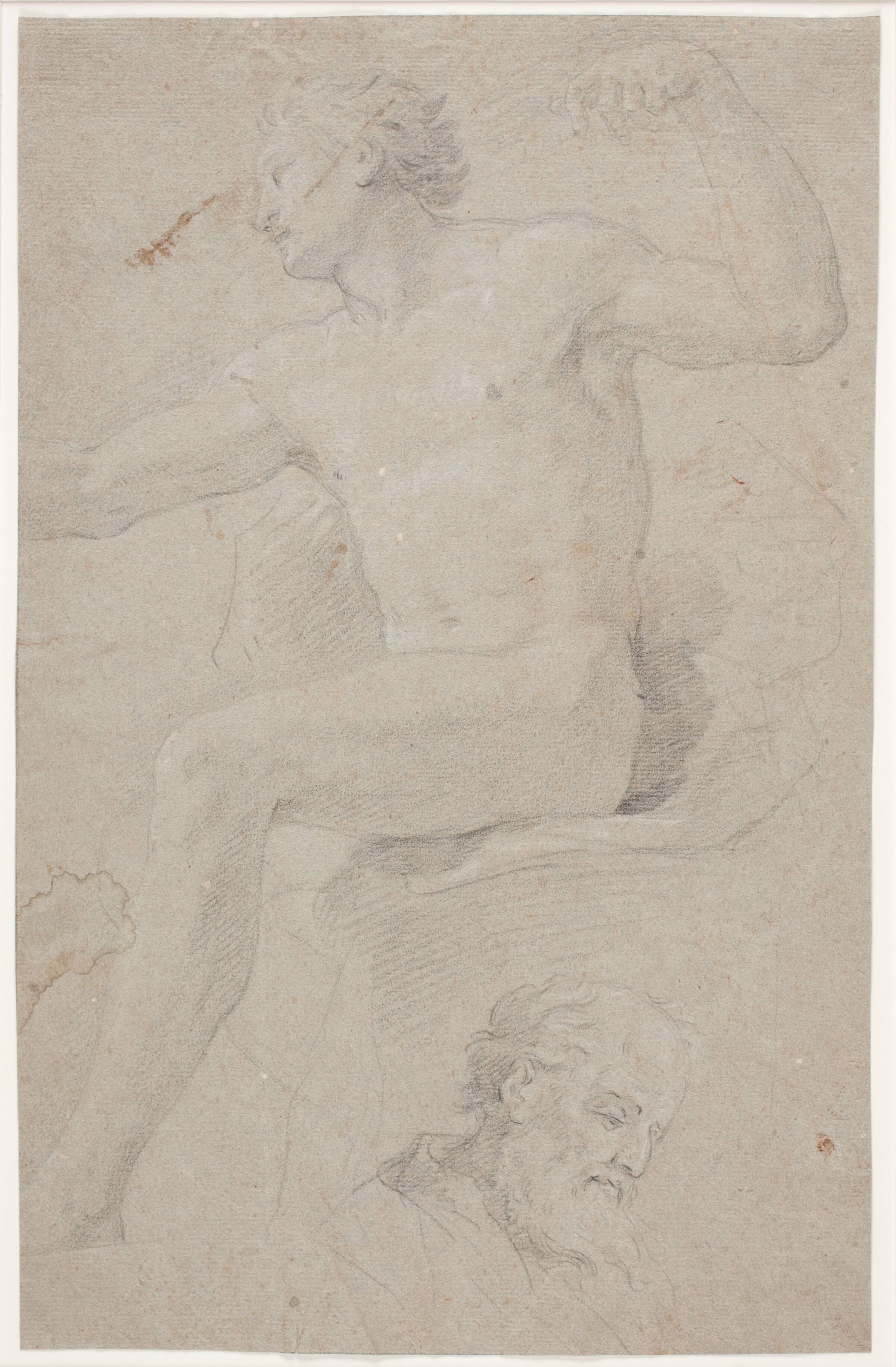 Siddende mandlig model og skægget mandshoved, Hendrik Krock, 1671-1738