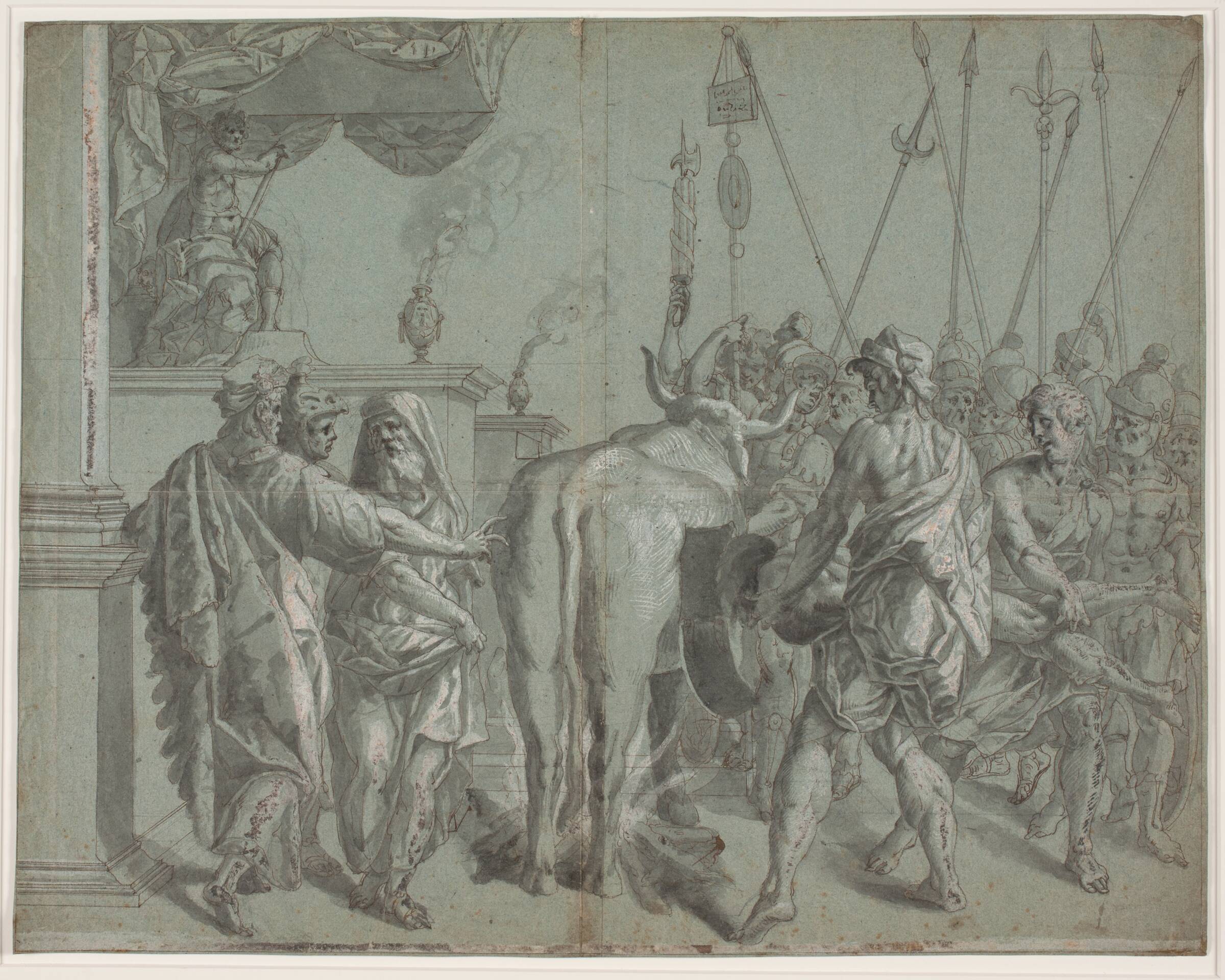 Tyrannen Phalarus fra Agrigent indeslutter billedhuggeren Parillus i den af ham udførte, glødende broncetyr, Hendrik Krock, 1671-1738