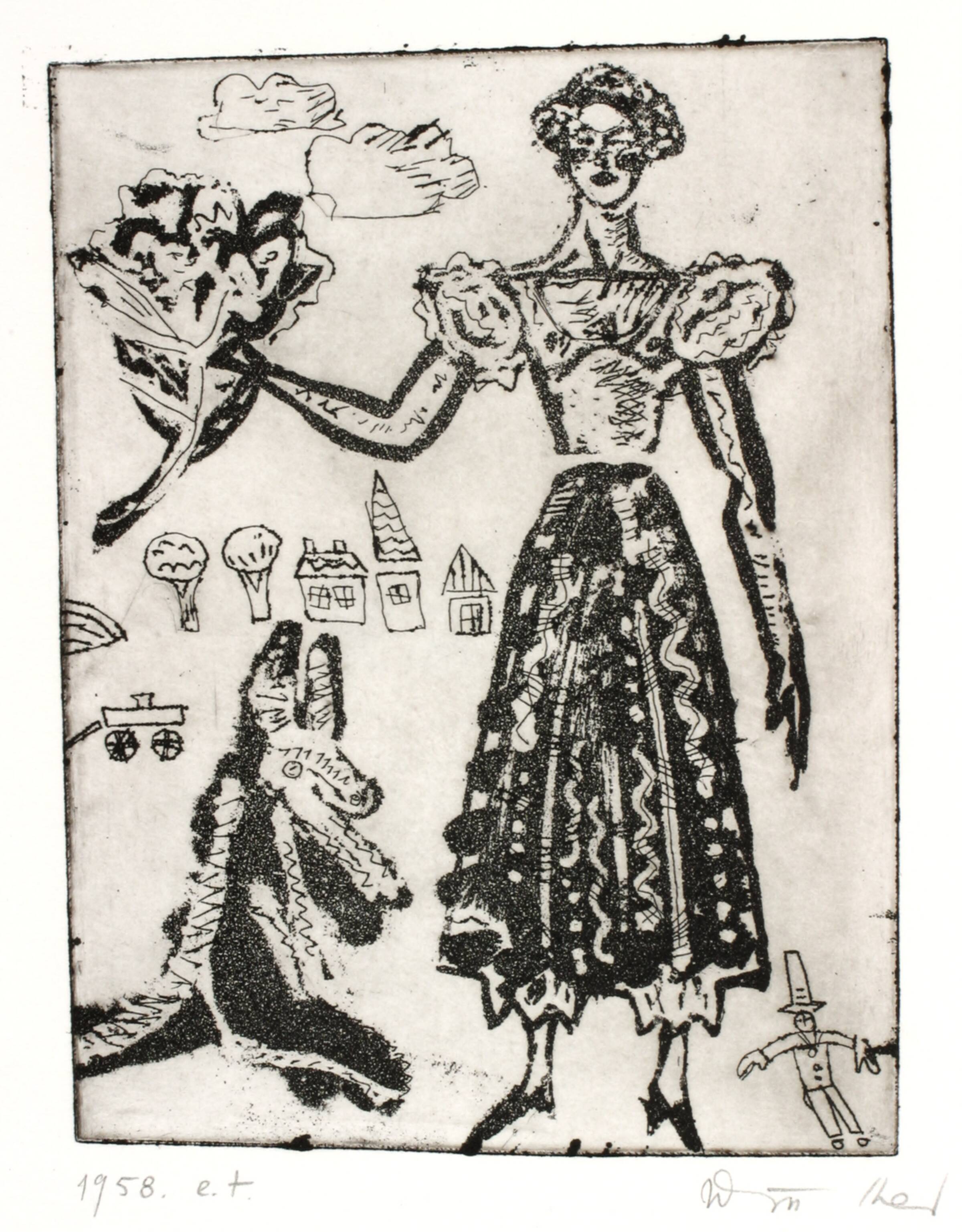 Stående kvinde med blomster og et dyr, Richard Winther, 1958