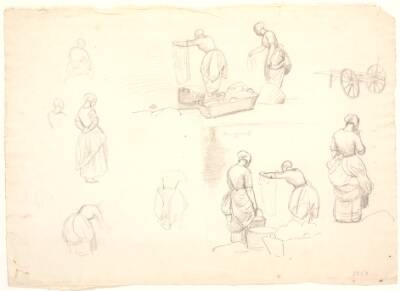 Syv detailstudier samt to studier til maleriet: "Vaskekoner ved Bondedammen i Hellebæk". 3. august 1838