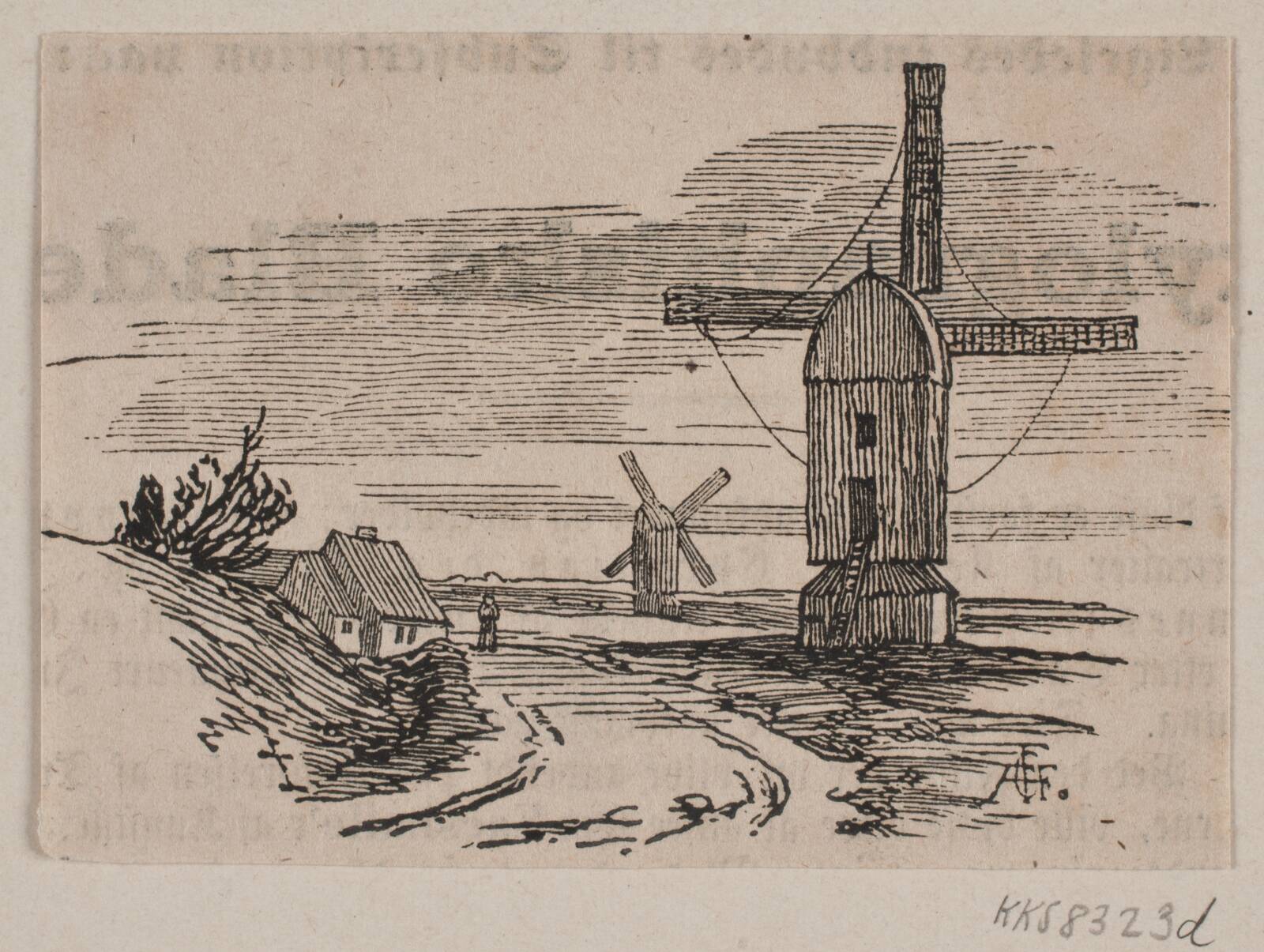 To stubmøller ved en vej, Andreas Flinch, 1848