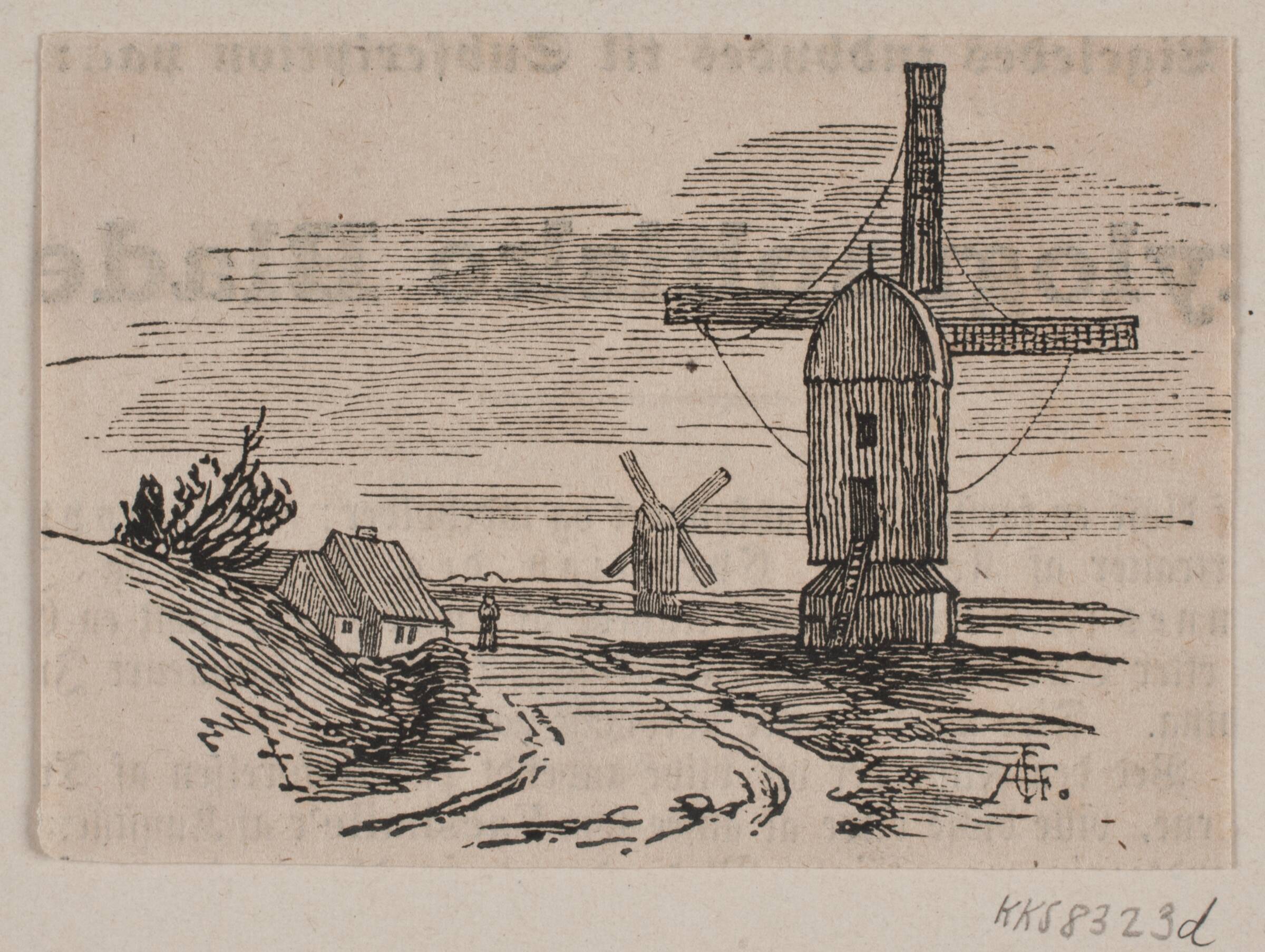 To stubmøller ved en vej, Andreas Flinch, 1848