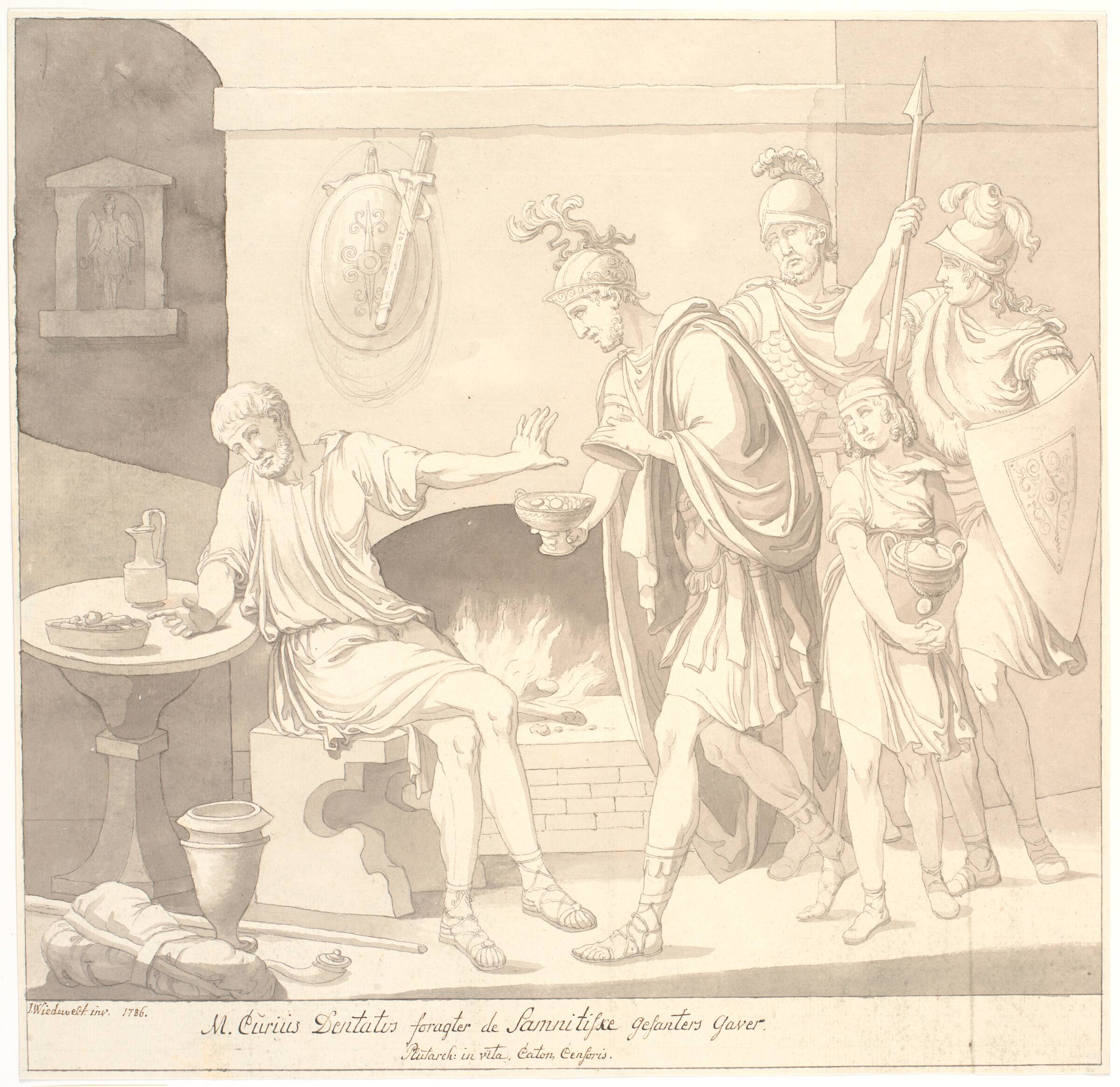 "M. Curius Dantatus foragter de Samnitiske Gesanters Gaver./ Plutach: in vita. Caton Censoris.", Johannes Wiedewelt, 1786