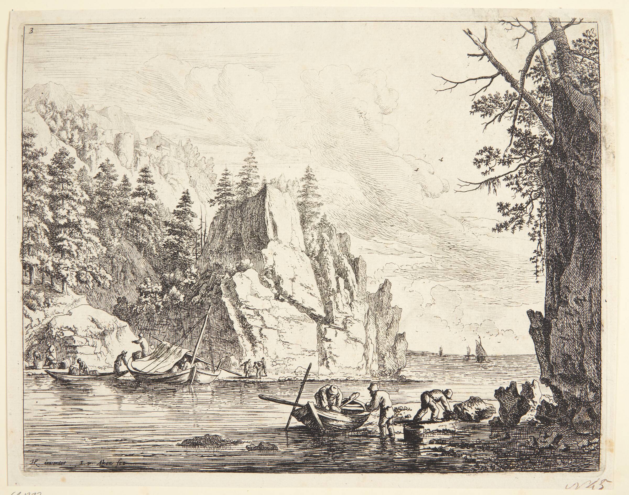 Prospekt af Rhinen, både lastes ved flodbredden, Jan van Aken, 1614-1661
