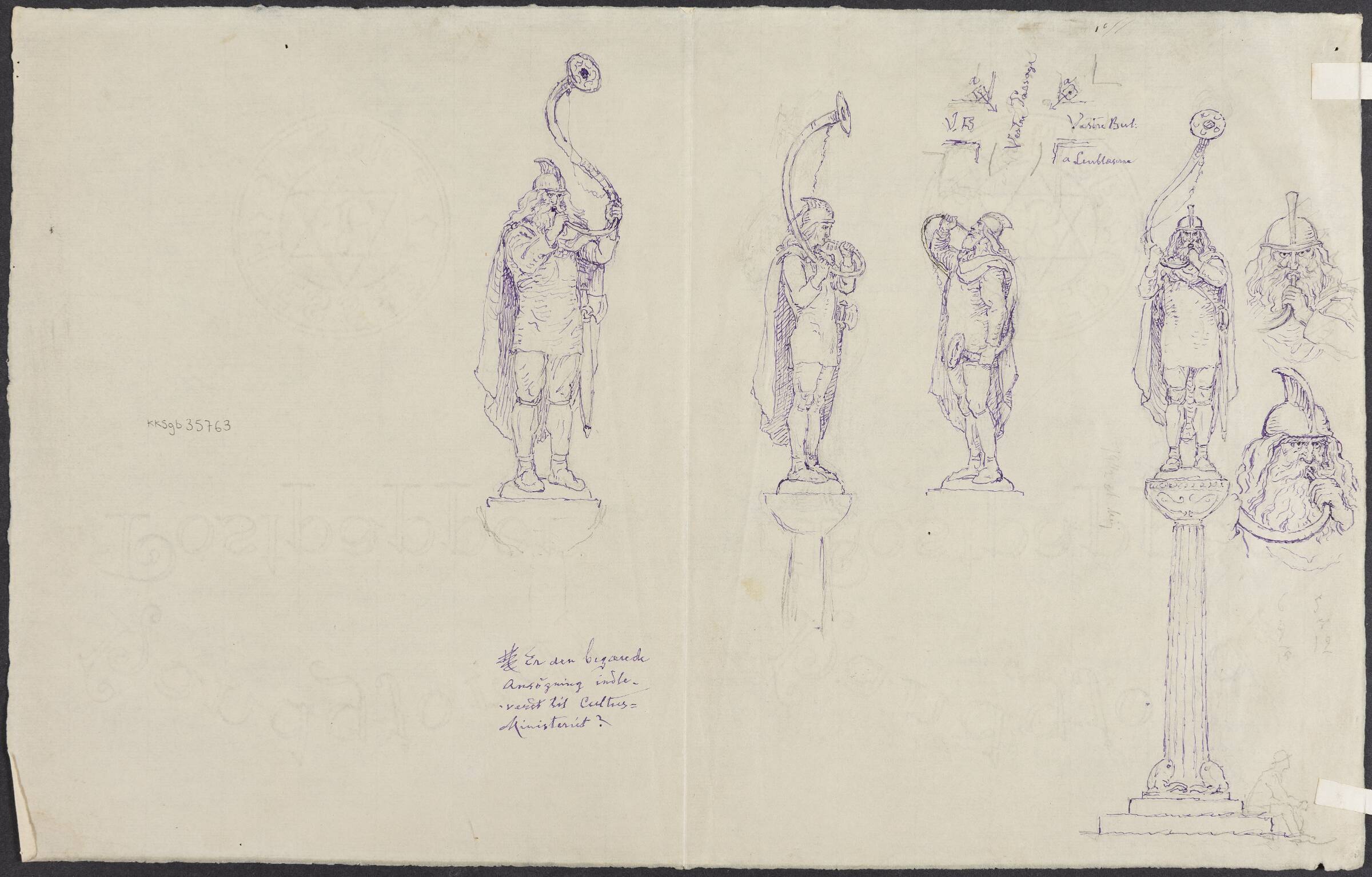 Fire lurblæsere, et vejkryds og lurblæserhoveder, Lorenz Frølich, 1820-1908