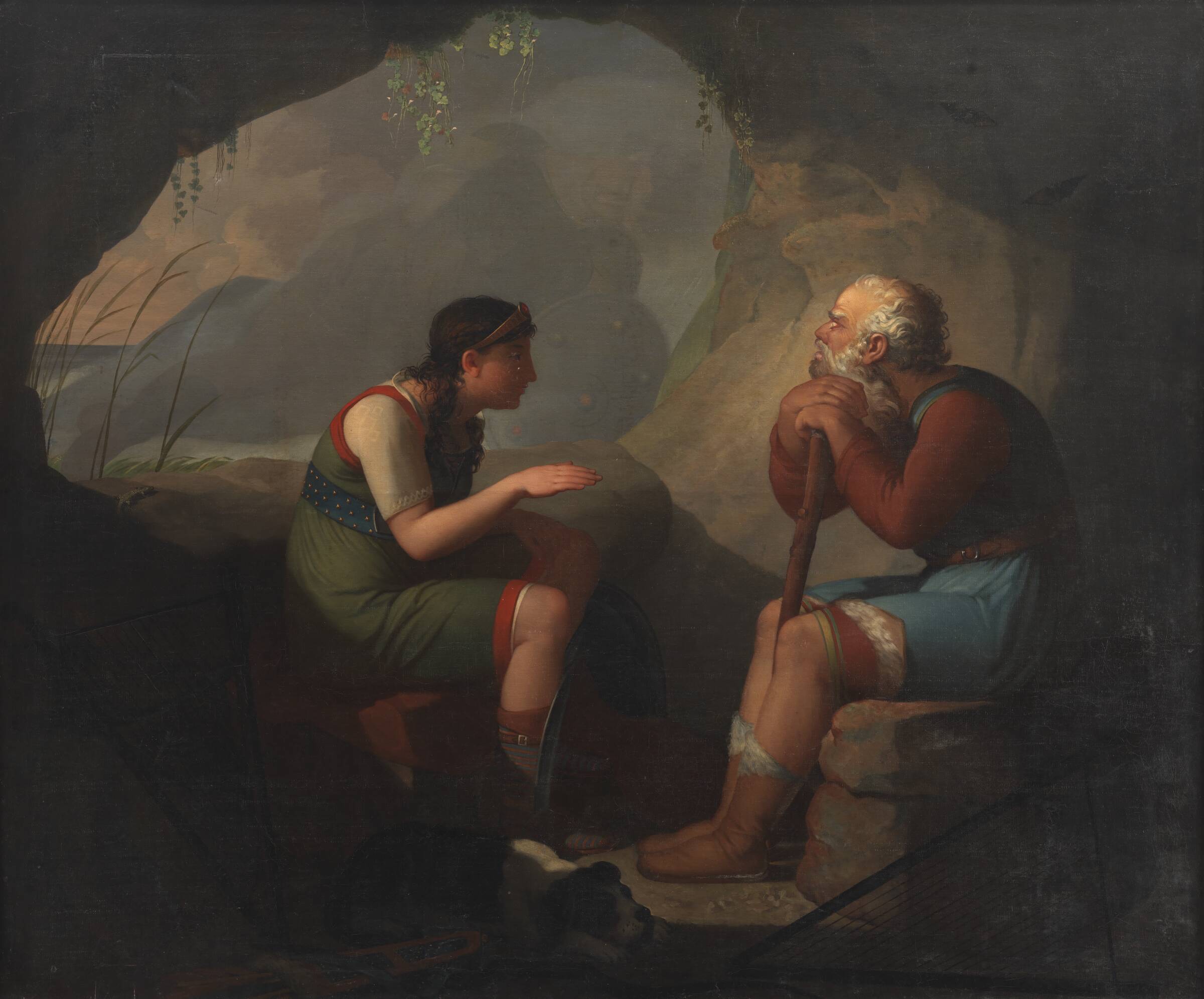 Sulmalla venter forgæves Cathmor hos den gamle digter Clonmal, for hvem den døde Cathmors ånd viser sig, C.F. Høyer, 1810-1811