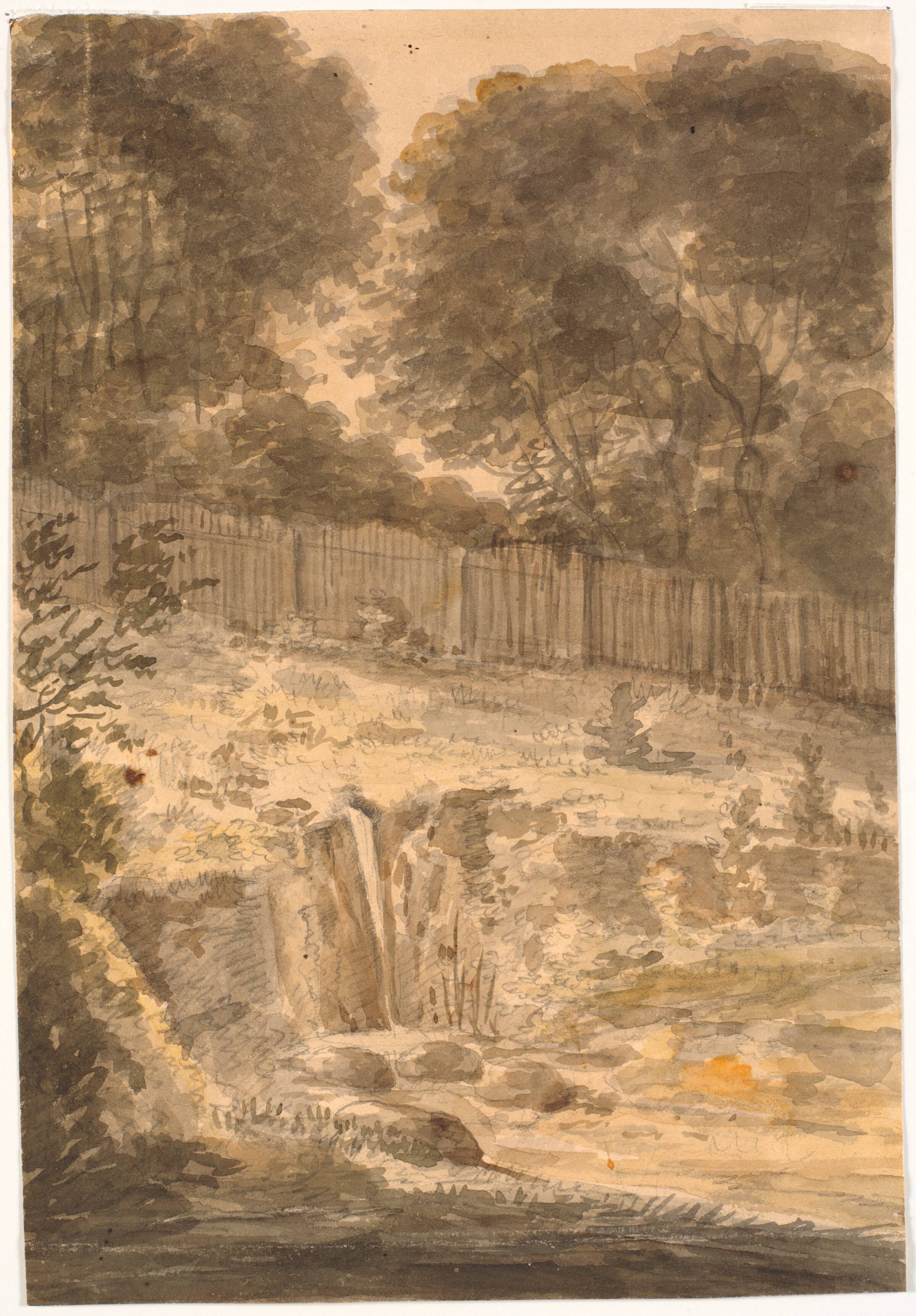 Skråning. I baggrunden træer og stakit, J.P. Møller, 1783-1854