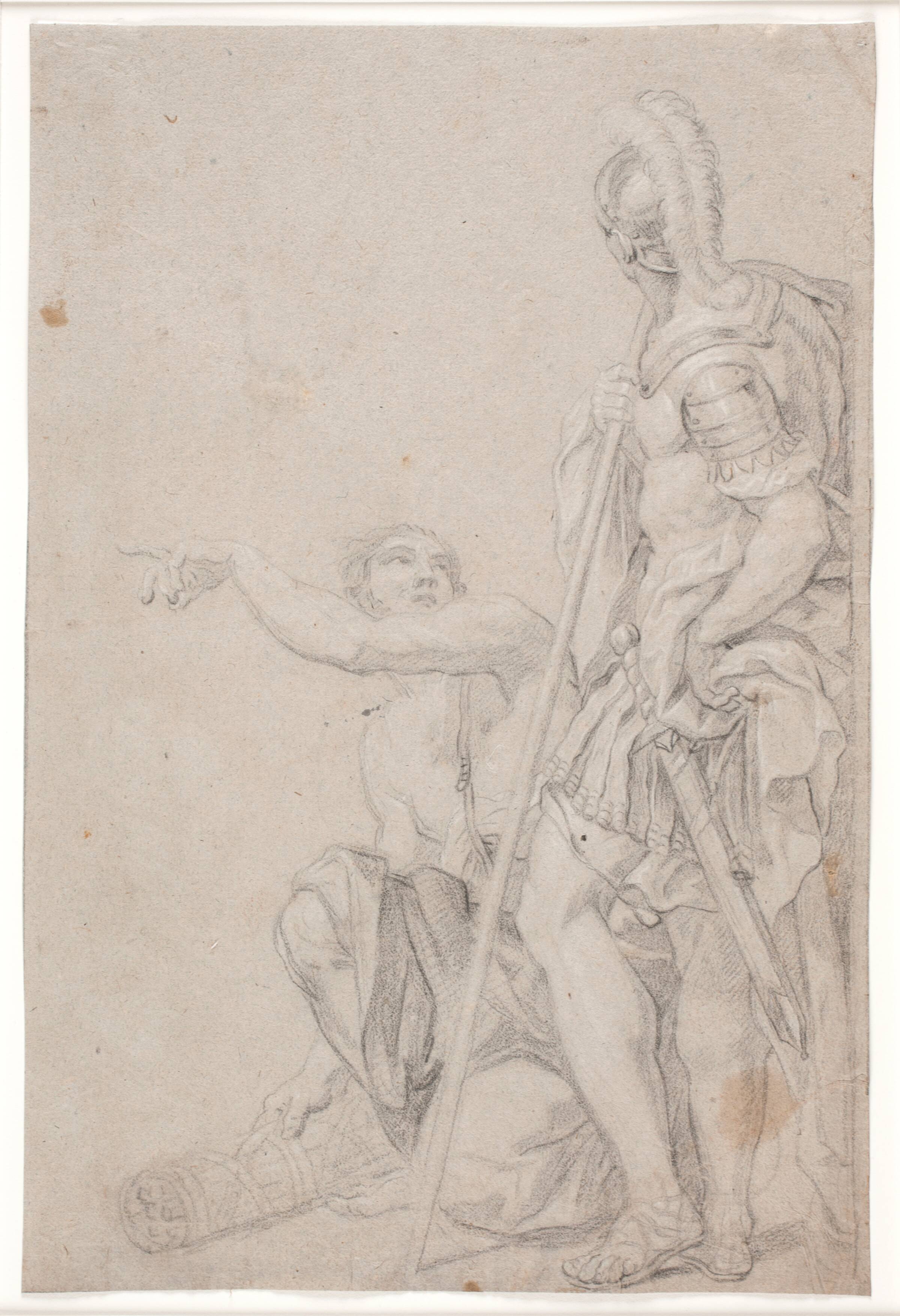 Stående soldat og knælende, pegende yngling, Hendrik Krock, 1671-1738