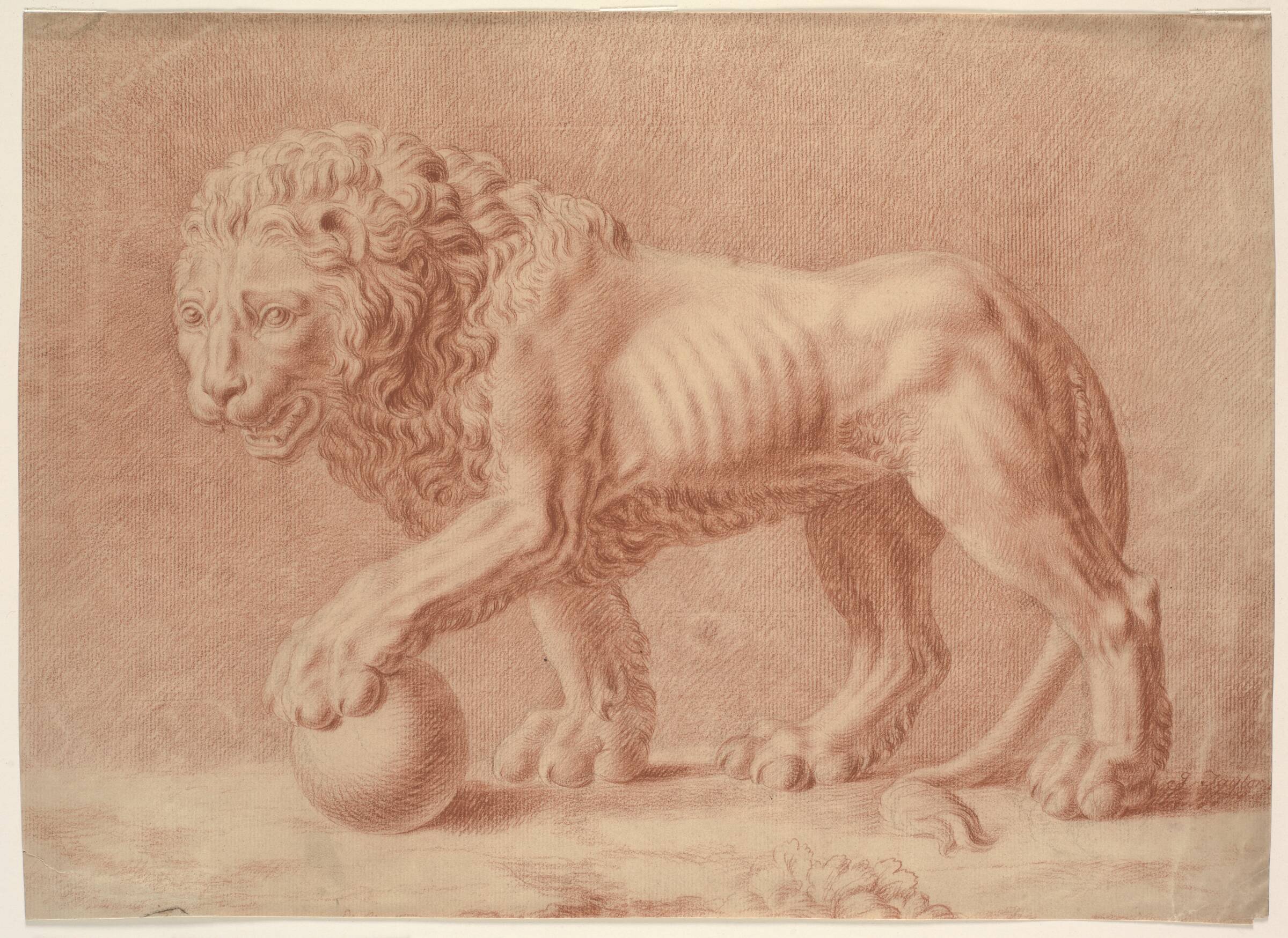 Løve, vendt mod venstre med venstre forpote på en globe, Isaac Taylor, 1756