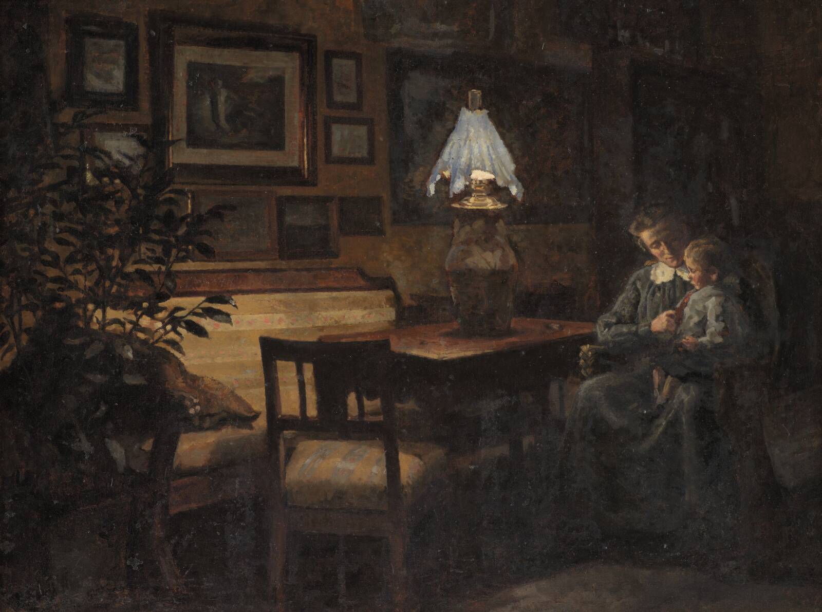 Afteninteriør. Moder og barn, Sigurd Wandel, 1890-1907