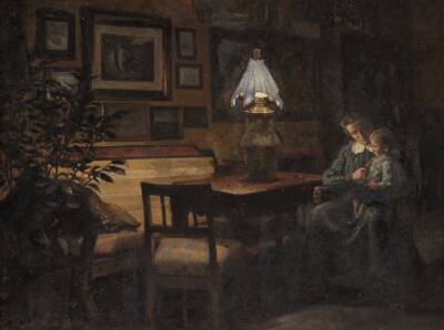 Afteninteriør. Moder og barn