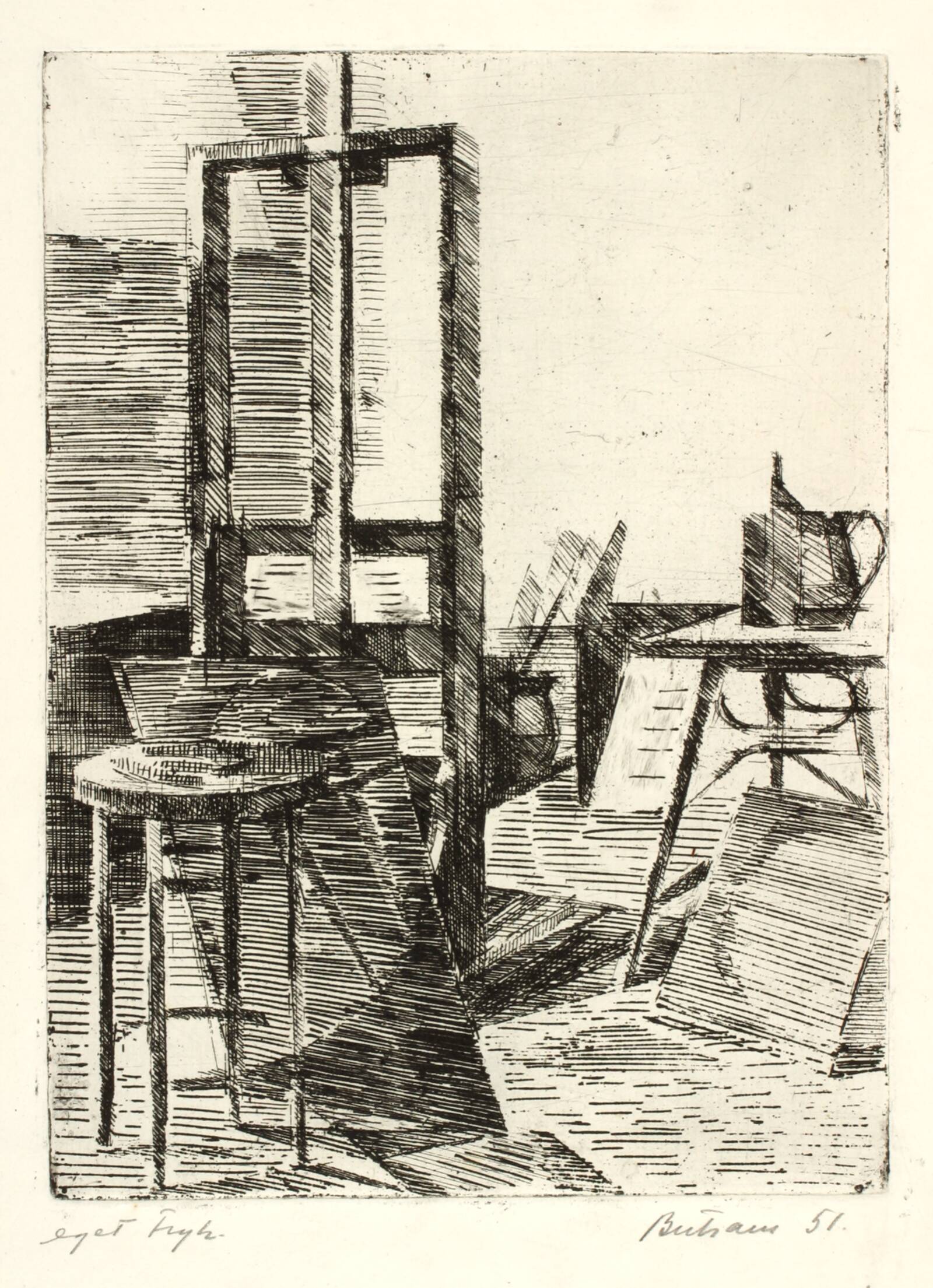 Opstilling i atelieret, Helge Bertram, 1951