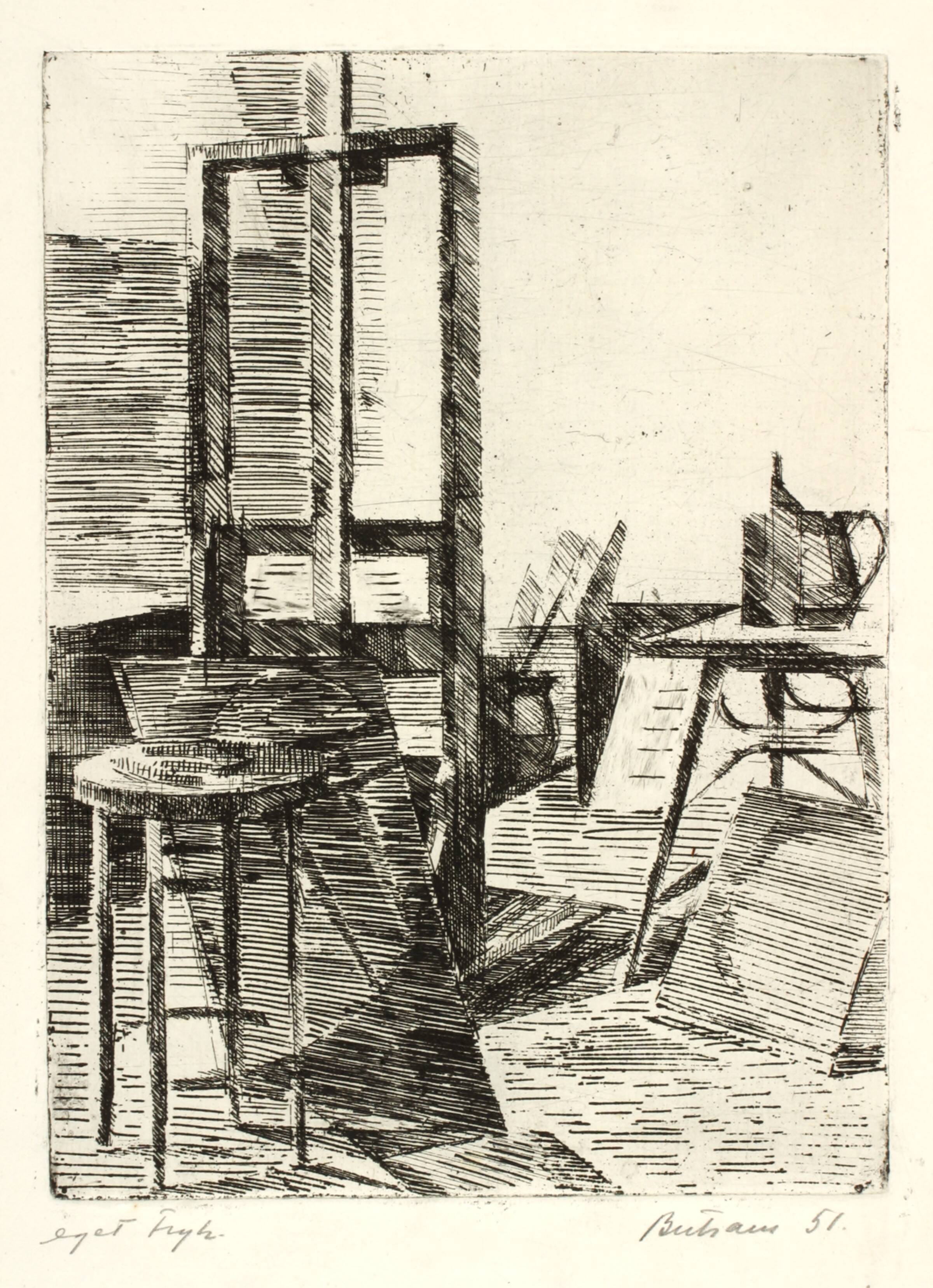 Opstilling i atelieret, Helge Bertram, 1951