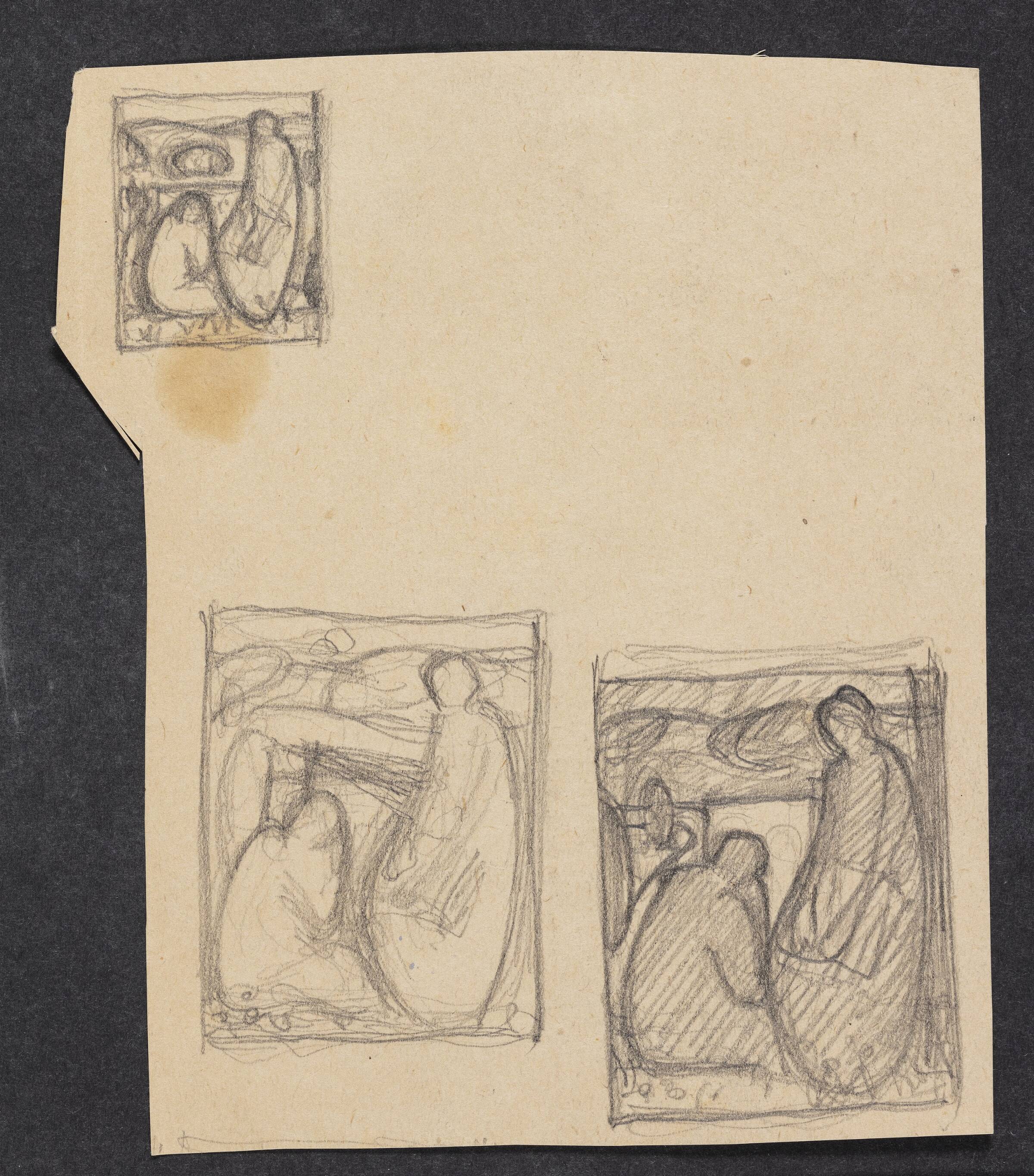 Tre indklæbe tegninger: Et studie til et selvportræt, et studie af en moder med sit døde barn, og tre rids af stående og en siddende figur på samme papirlap, Ejnar Nielsen, 1896-1926