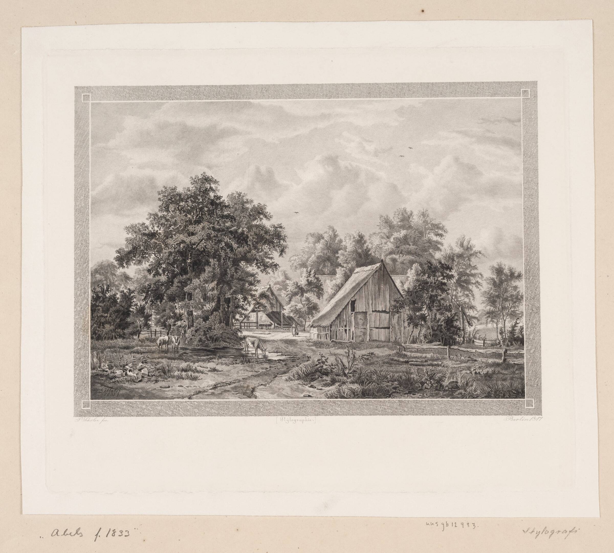 Landskab med bondehus mellem træer, Peter Christian Schøler, 1847