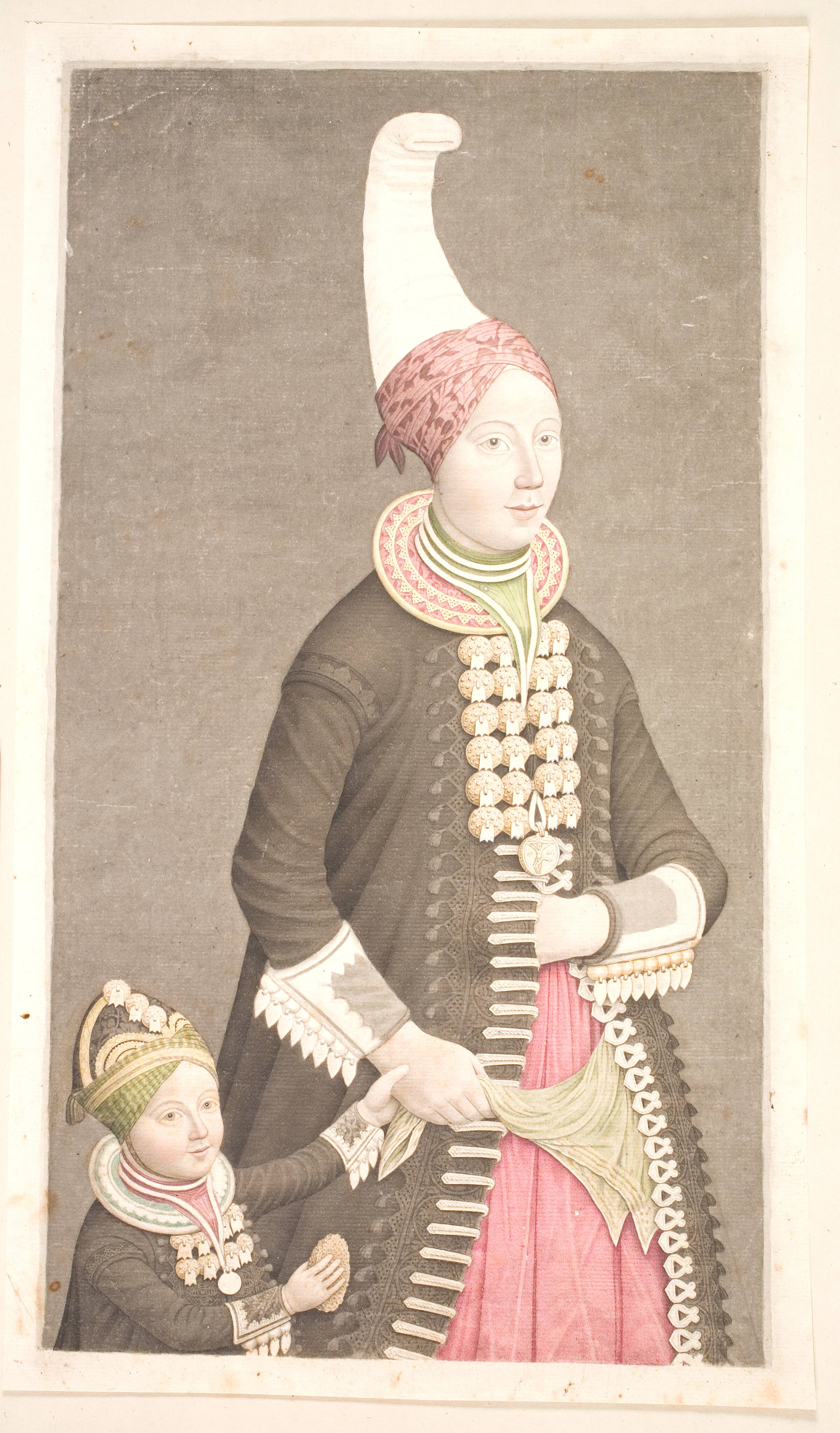 Kvinde og pige iført islandsk dragt, Ólafsson (Olavius) d.y., Jón, 1760