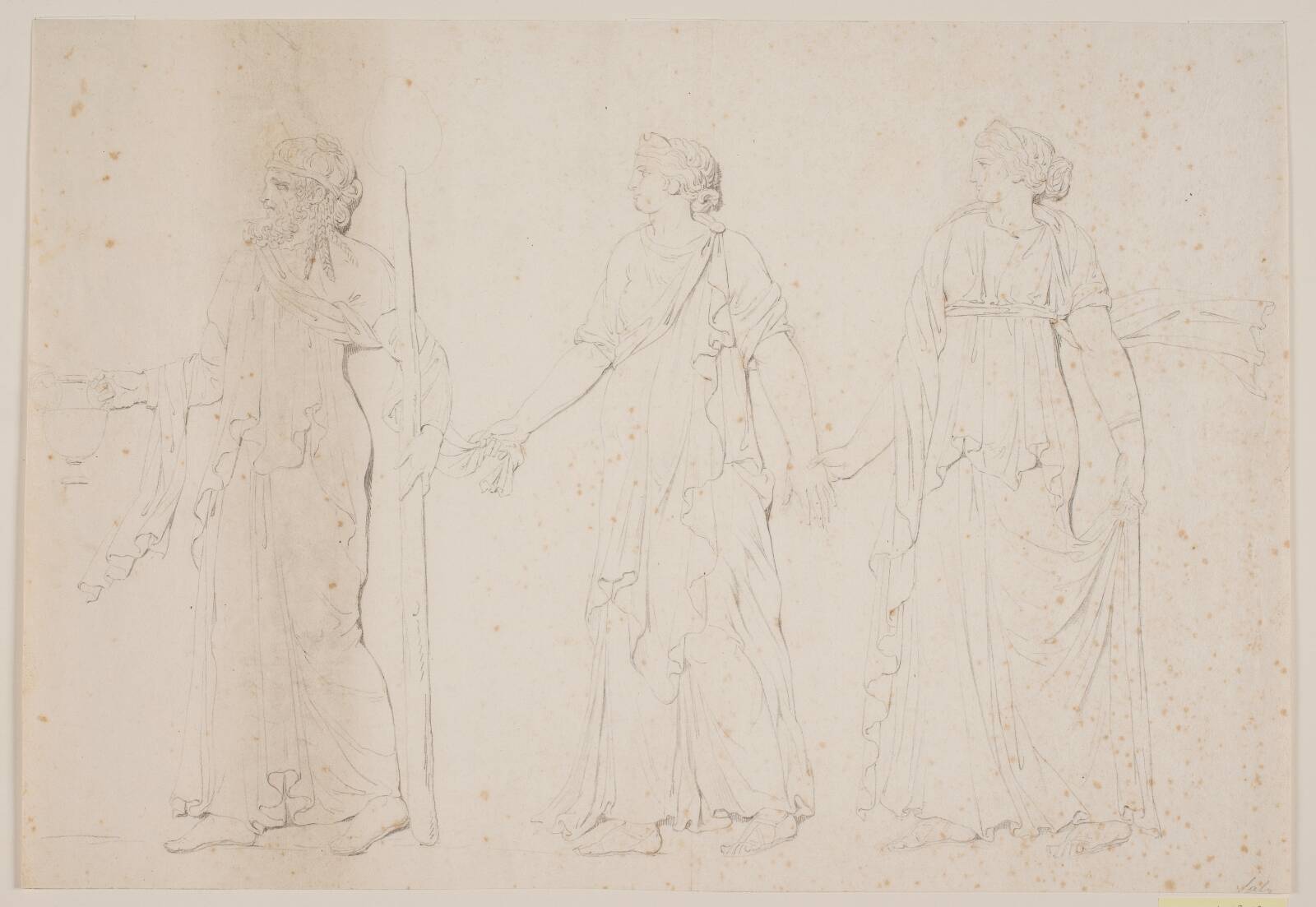 Offerhandling (?) Tre gående figurer i græske gevandter. Forrest en mand bærende en amfora og en stav eller fakkel, derefter to kvinder, by Jacques François Joseph Saly, 1717-1776