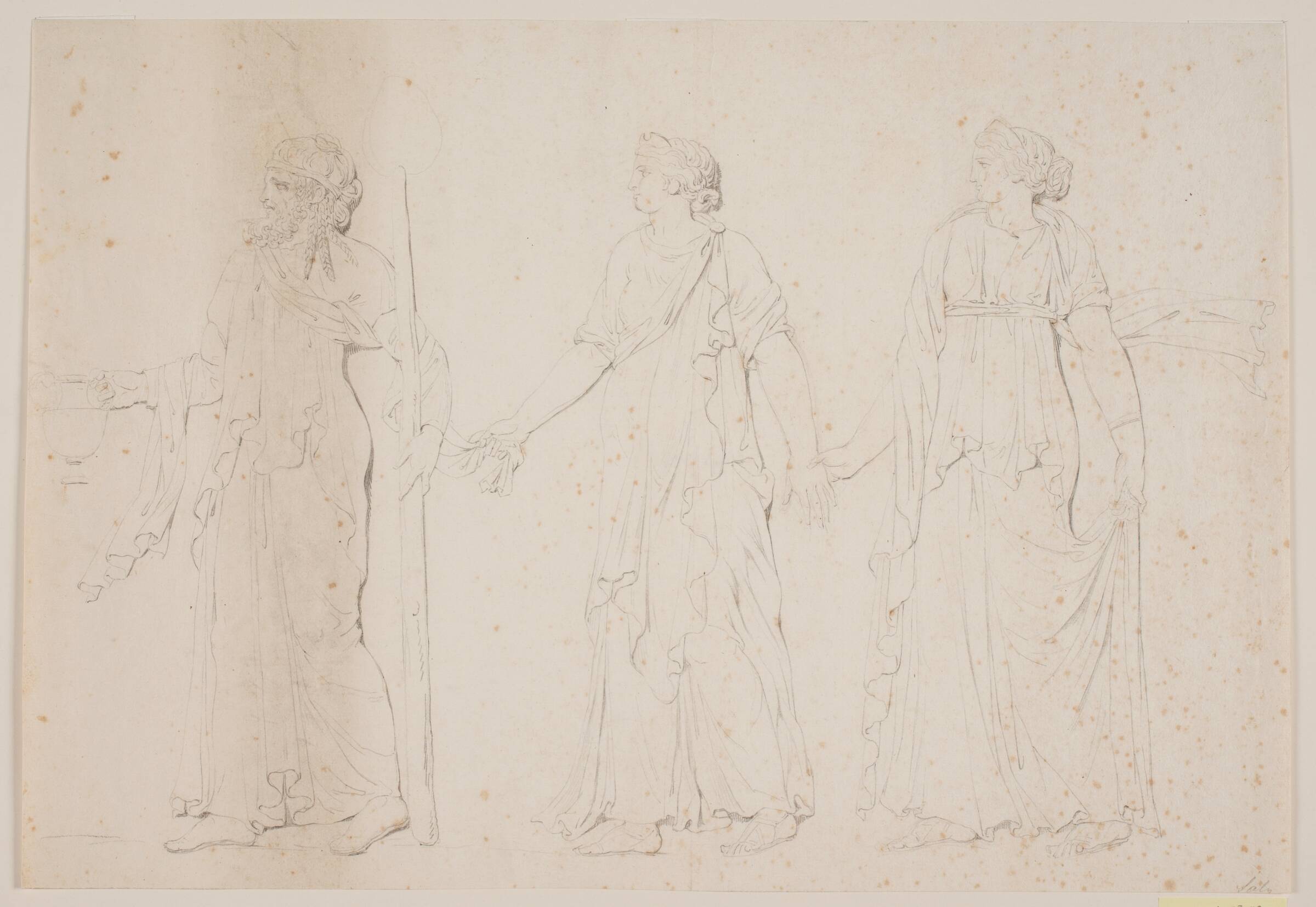 Offerhandling (?) Tre gående figurer i græske gevandter. Forrest en mand bærende en amfora og en stav eller fakkel, derefter to kvinder, Jacques François Joseph Saly, 1717-1776