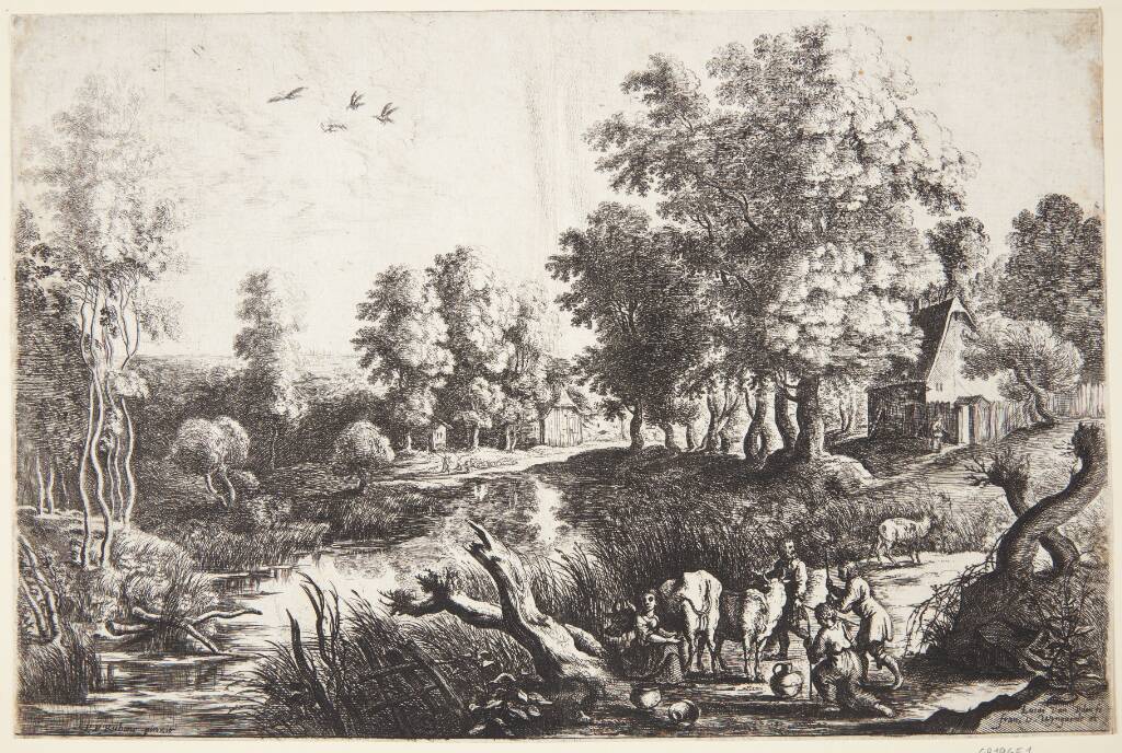 Flodlandskab med en malkepige, bønder og kvæg, Lucas van Uden, 1595-1673
