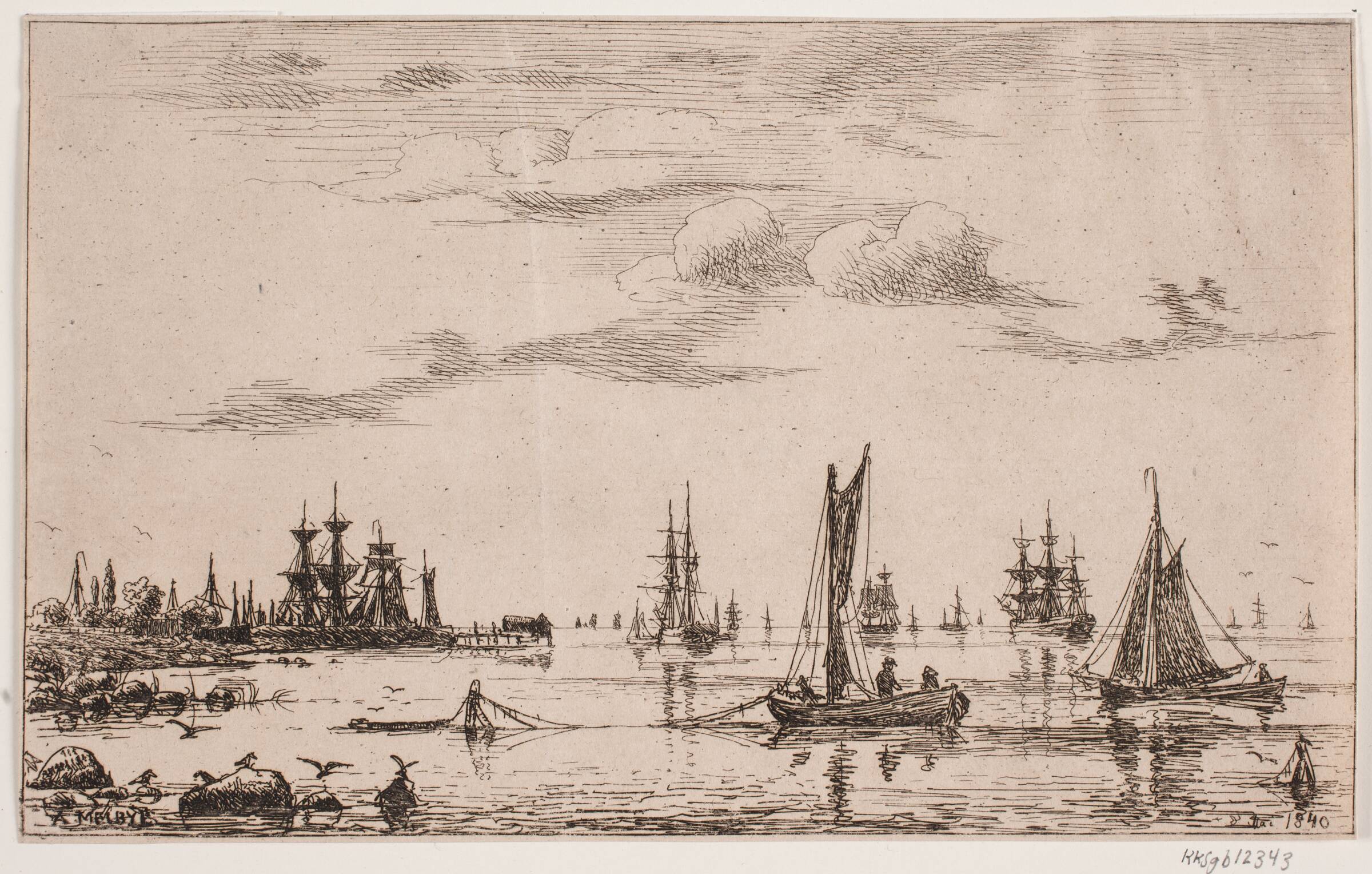 Skibe og både i stille vejr ved kysten, Anton Melbye, 1840