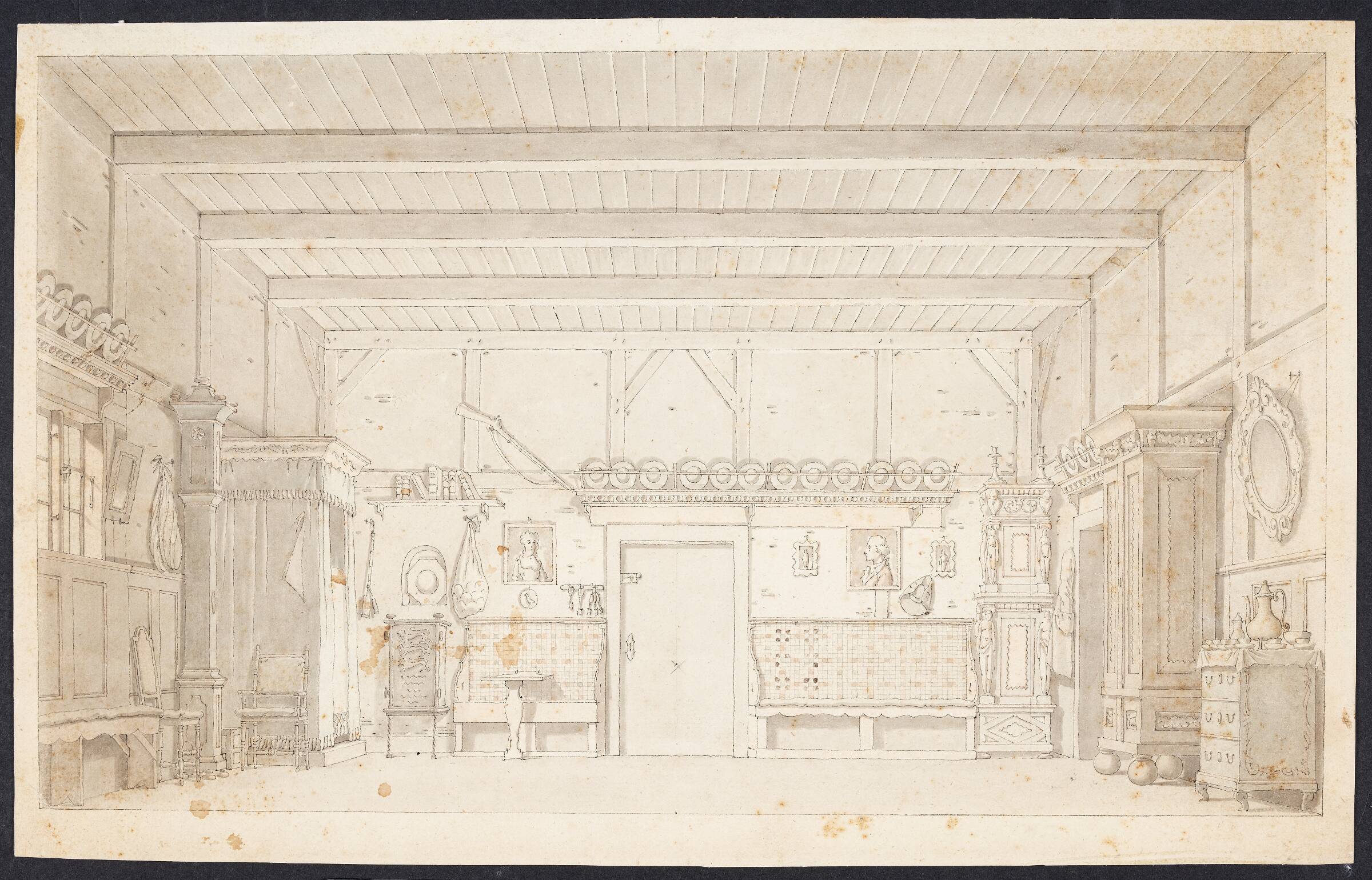 En bondestue. Dekorationsudkast til Schulz og Thaarups "Peters Bryllup", Thomas Bruun, 1791-1794