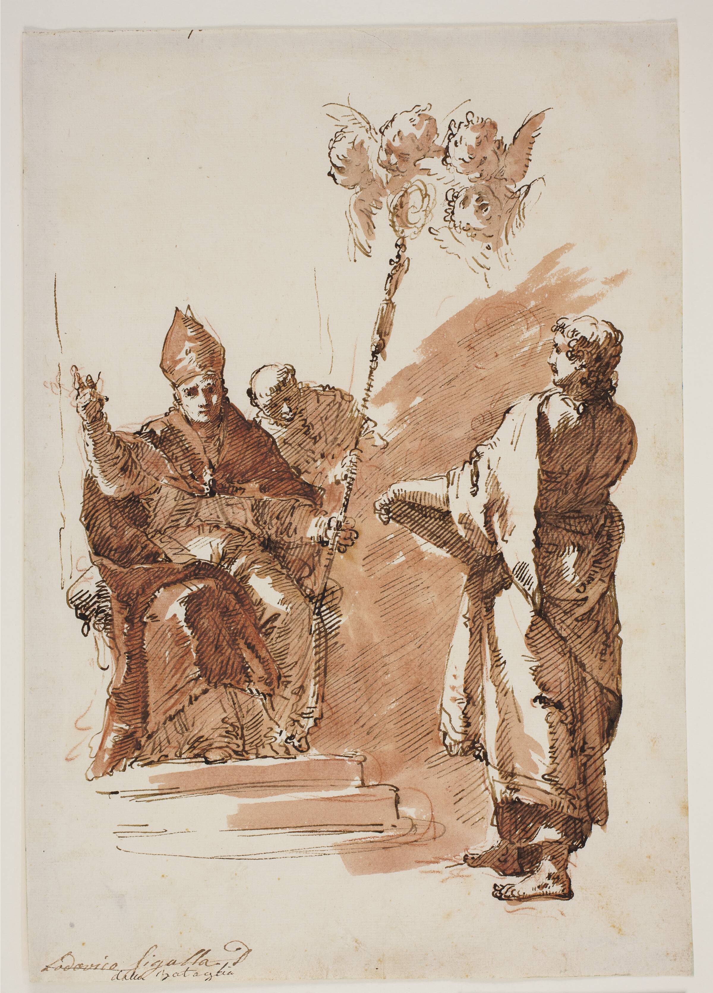 Ludvig den Hellige, siddende, med apostlen Johannes stående ved sin side. Studie til altertavle i Chiesa dell’Angelo Raffaele, Venedig, Francesco Fontebasso, 1737