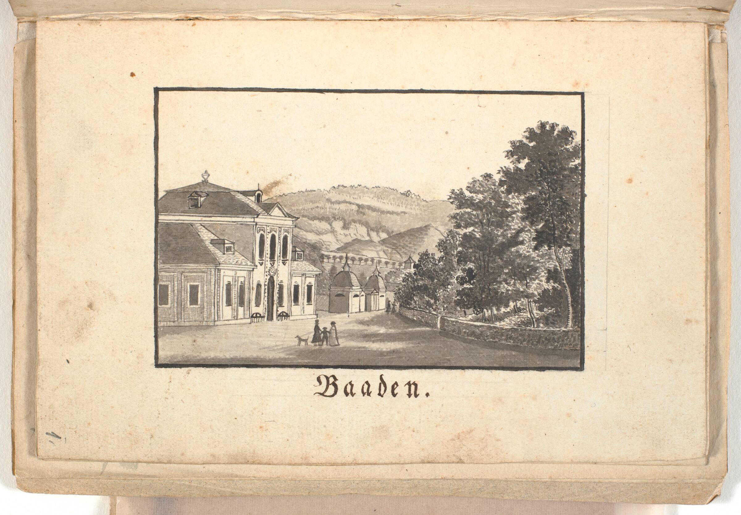 Et hus beliggende ud til en plads med store træer. I baggrunden bjerge., P.C. Skovgaard, 1828
