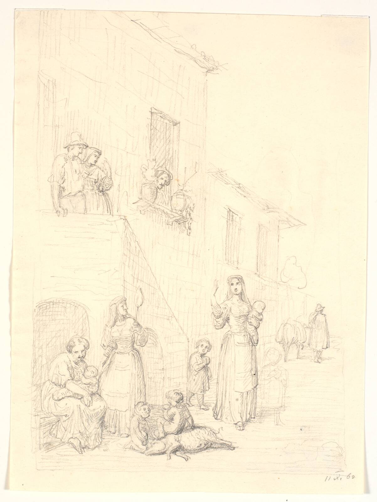 Kvinder og børn udenfor et italiensk hus, by H.W. Bissen, 1862