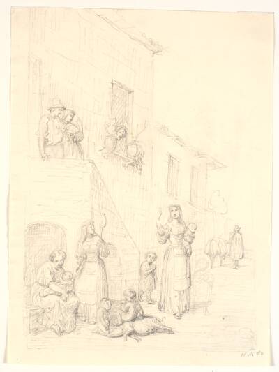 Kvinder og børn udenfor et italiensk hus