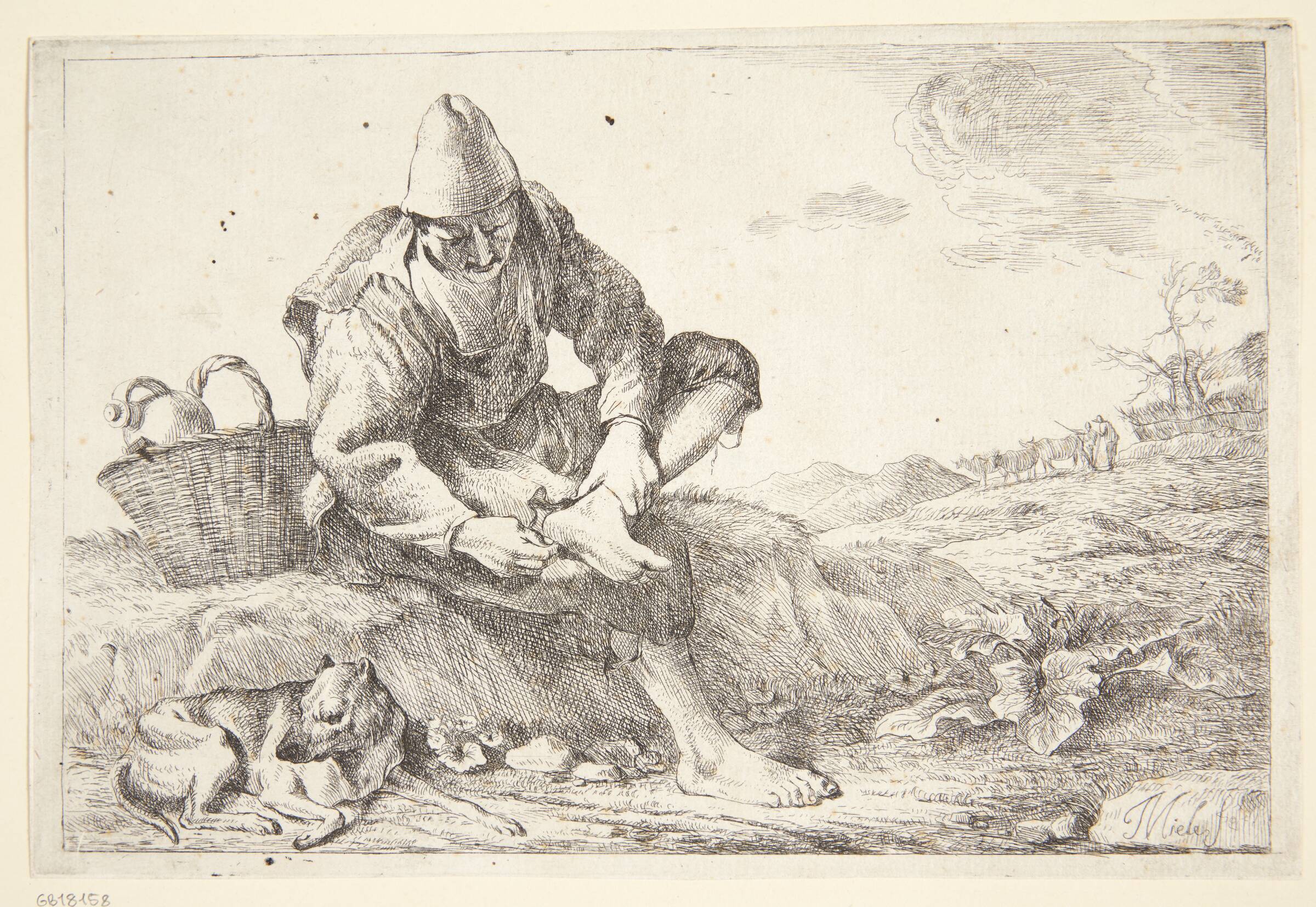 En bonde, der trækker en torn ud af foden, Jan Miel, 1599-1663