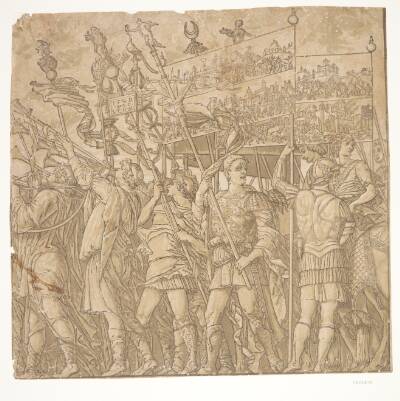 Romerske soldater med bannere, der afbilder Julius Cæsars sejre
