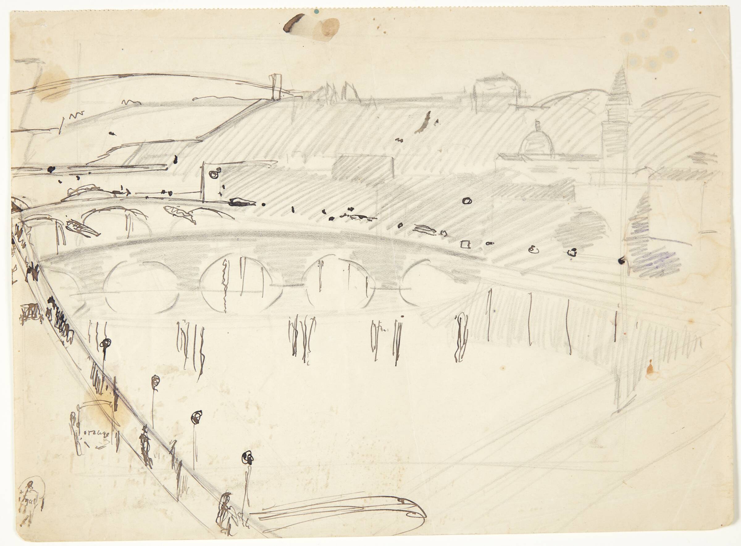 Udsigt fra et vindue ved Lungarnoen over floden mod Santo Spirito og San Miniatohøjderne, Firenze, Edvard Weie, 1923-1924