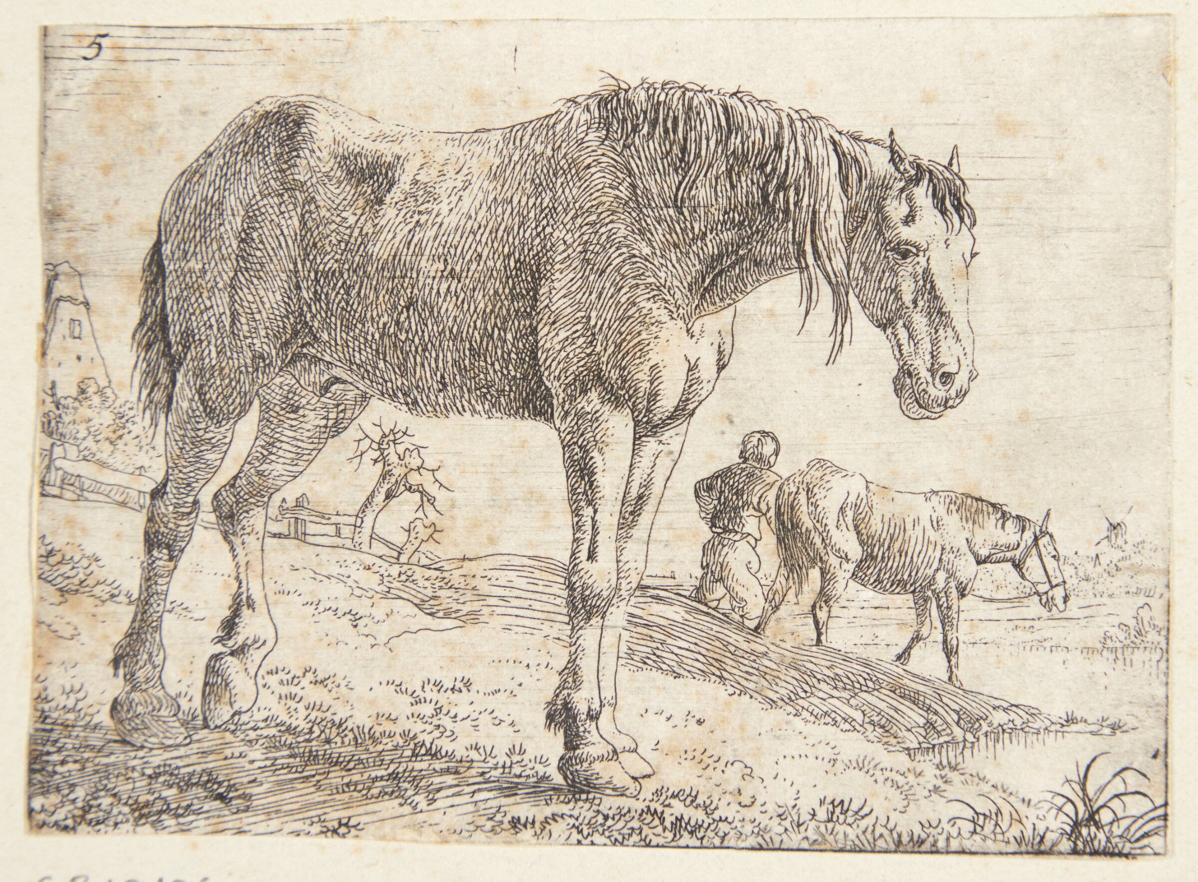 Stående hest, i baggrunden en bonde, der fører en hest væk, Jan van Aken, 1614-1661