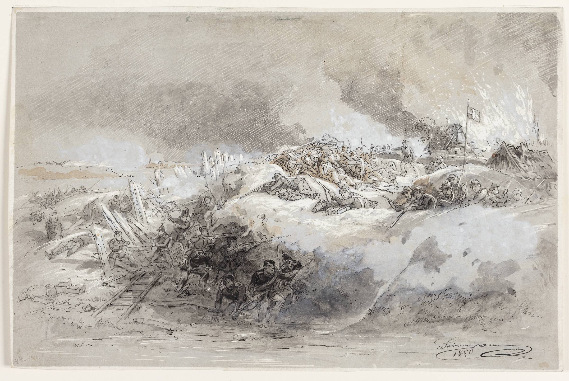 Danske soldater forsvarer en af skanserne ved Frederiksstad, Niels Simonsen, 1850