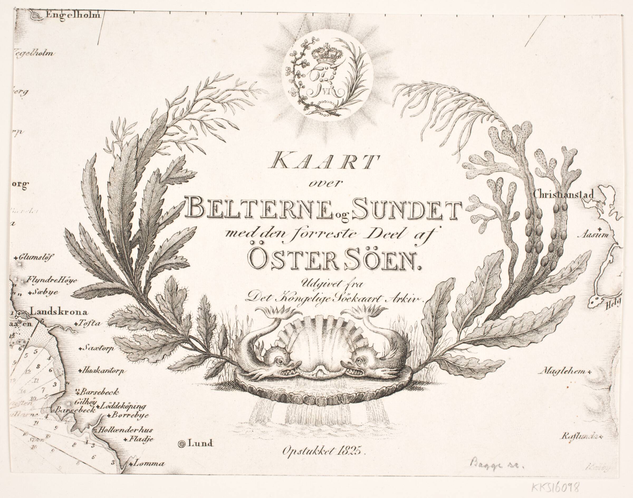 Vignet til kort over bælterne og sundet, Oluf Olufsen Bagge, 1825