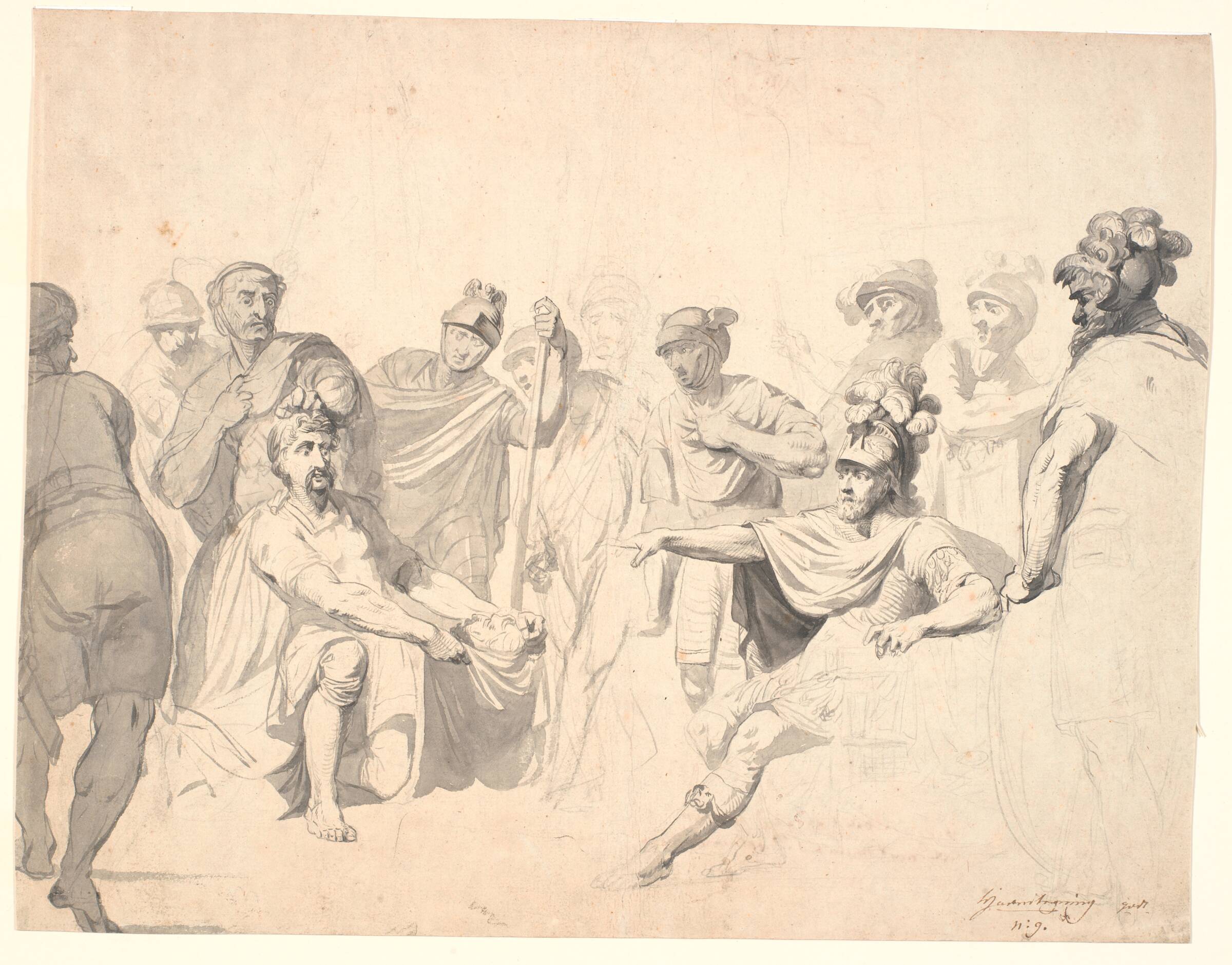 En kriger fremviser et afhugget hoved for en feltherre, mens andre krigere ser til, Erik Pauelsen, 1749-1790