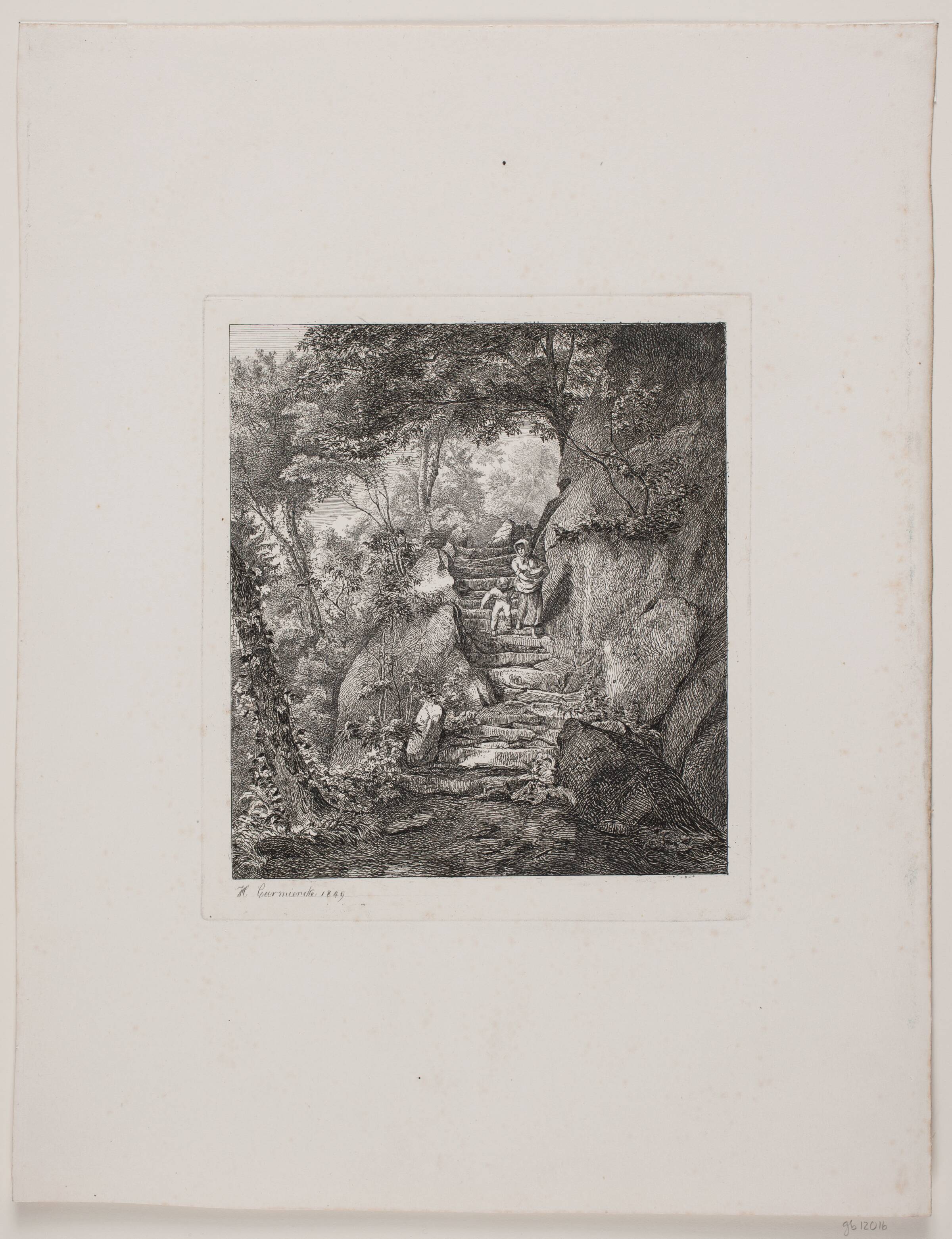 Kvinde og barn på en klippetrappe, Hermann Carmiencke, 1849