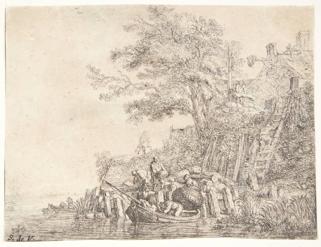 Mænd, der laster en båd med korn, Simon de Vlieger, 1600-1653