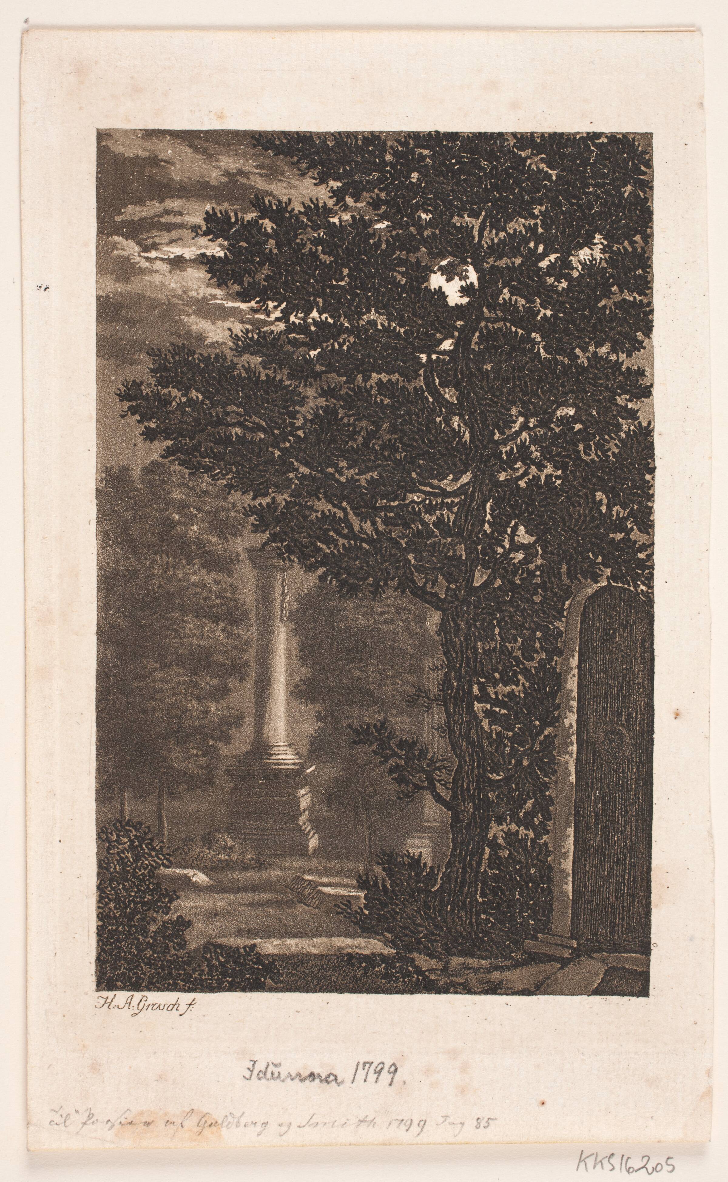 Fra Assistens Kirkegaard, (iflg. gml. auk.kat.) park med søjle i måneskin, Heinrich Grosch, 1797