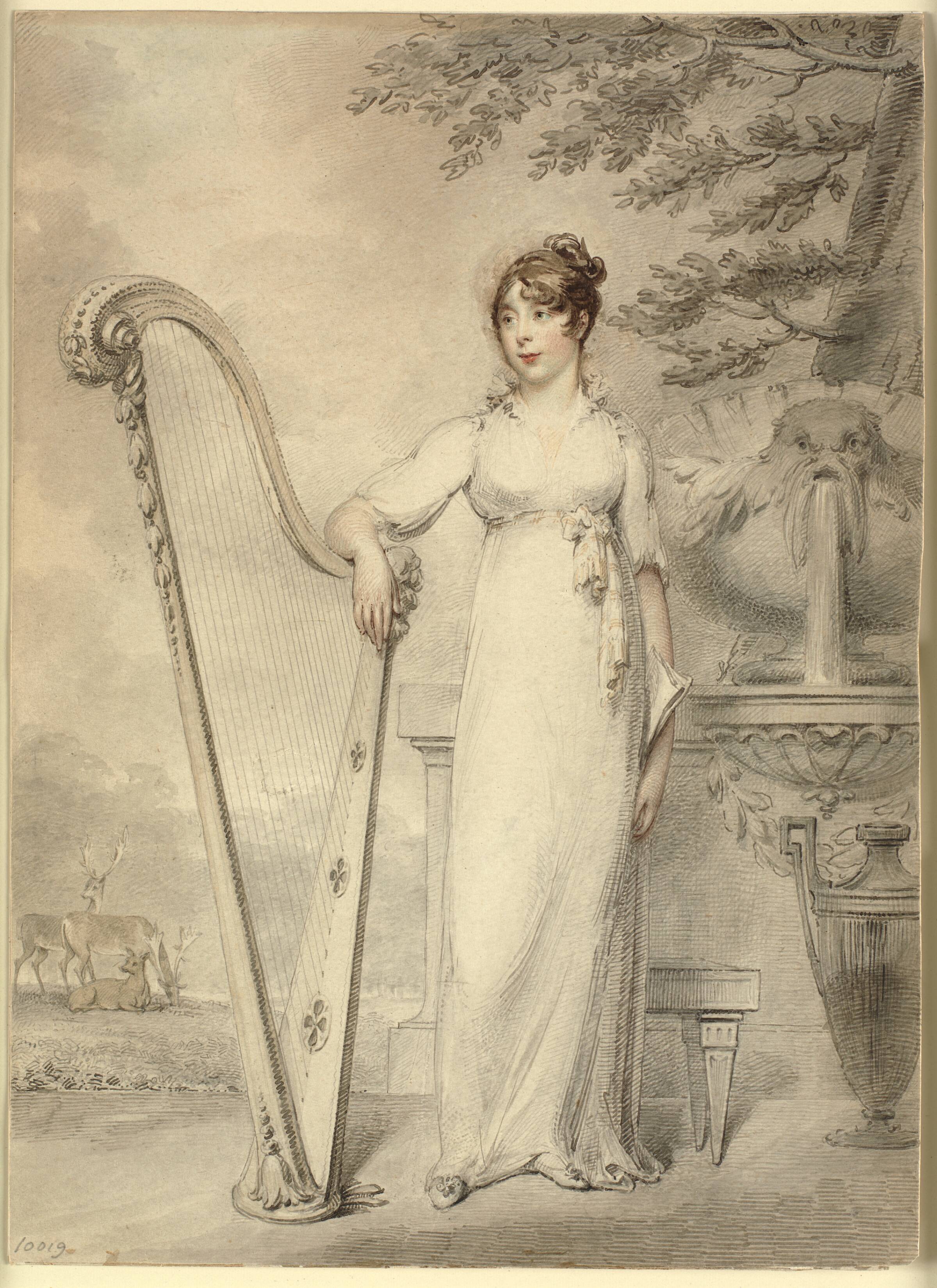 Helfigursportræt af Miss. V.Dupuis, hvilende sin arm op ad en harpe, Henry Edridge, 1800-1824