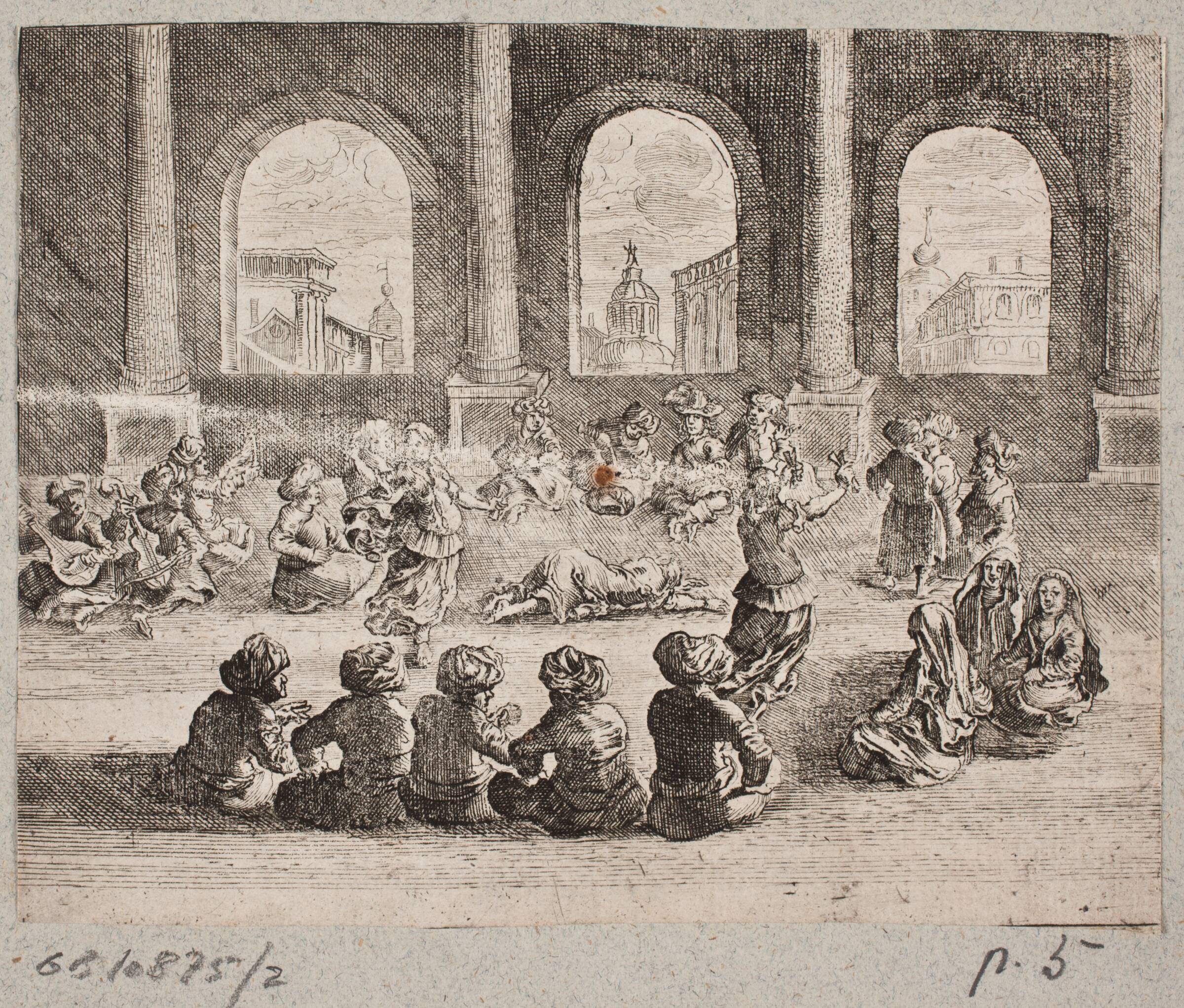 Orientalsk paladsinteriør med et selskab, der underholdes af dansere, Augustin John, 1668