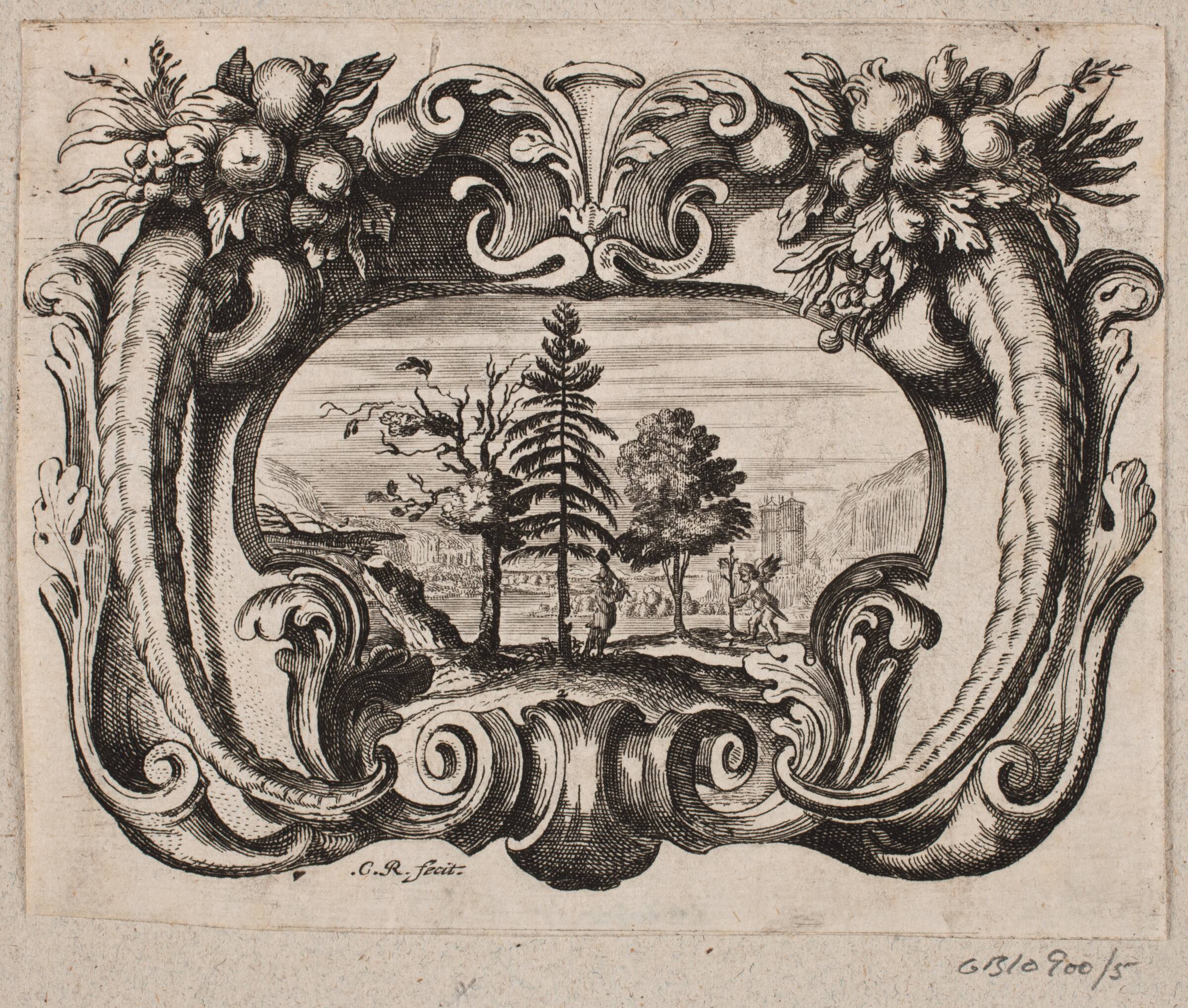Emblem med en gartner og en amorin, som planter et træ, Christian Rothgiesser, 1645-1659