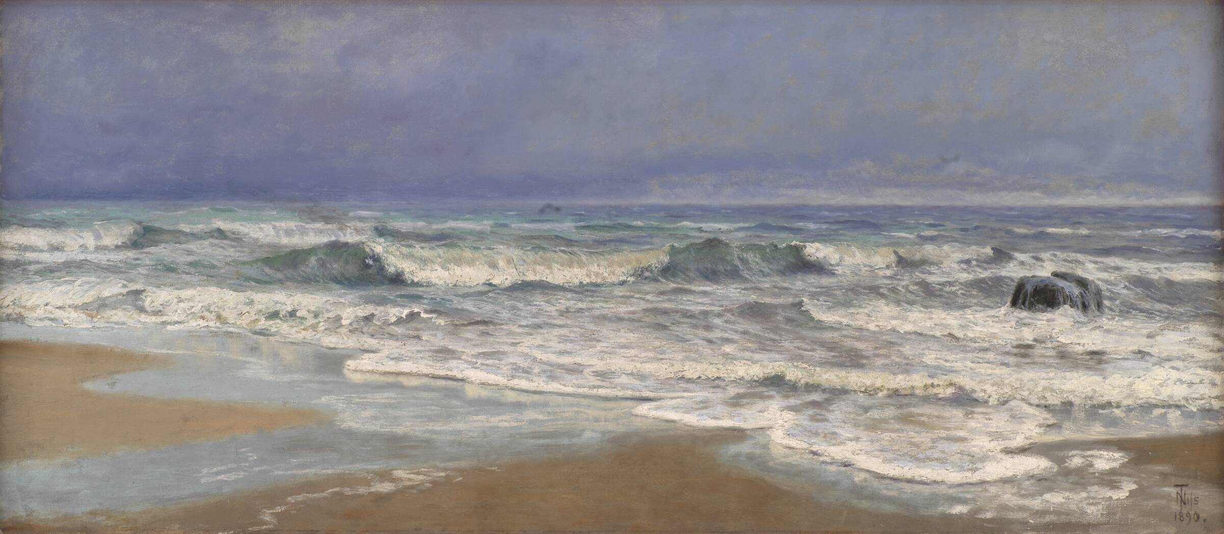 Gråvejrsdag ved Vesterhavet med brænding, Thorvald Niss, 1890