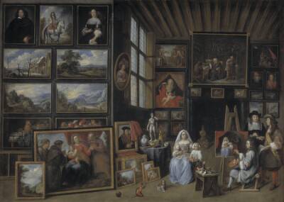 Et billedgalleri med en kunstner, der maler en kvinde og en pige. Allegori over malerkunsten